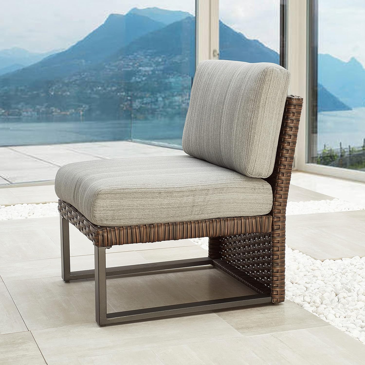LOKATSE Home Outdoor Wicker Chair Patio Dining Metal Furniture Rattan Armless Sofa with Cushion