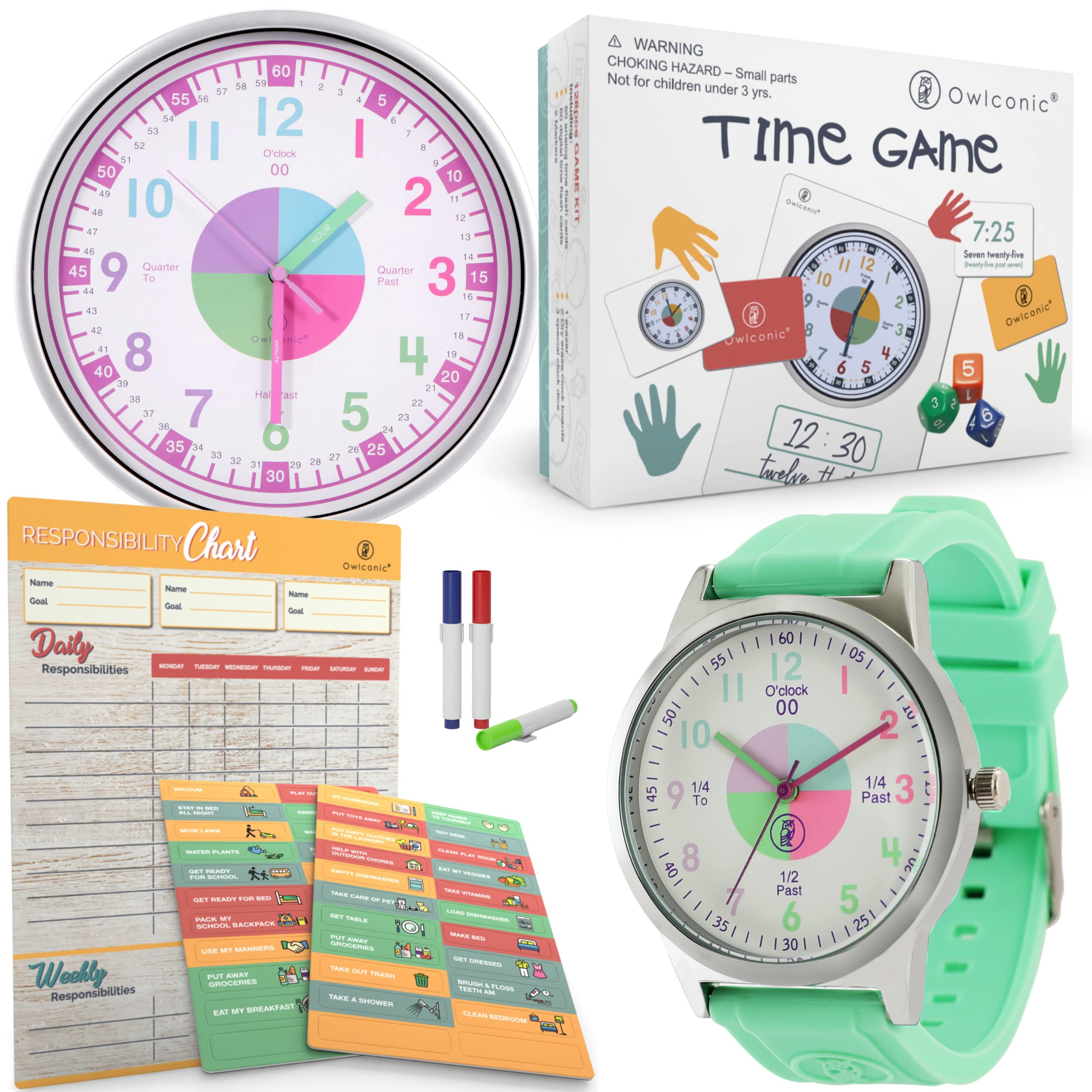 Buy OWLCONIC Learning to Tell Time Bundle, Analog Wall Clock, Time Game