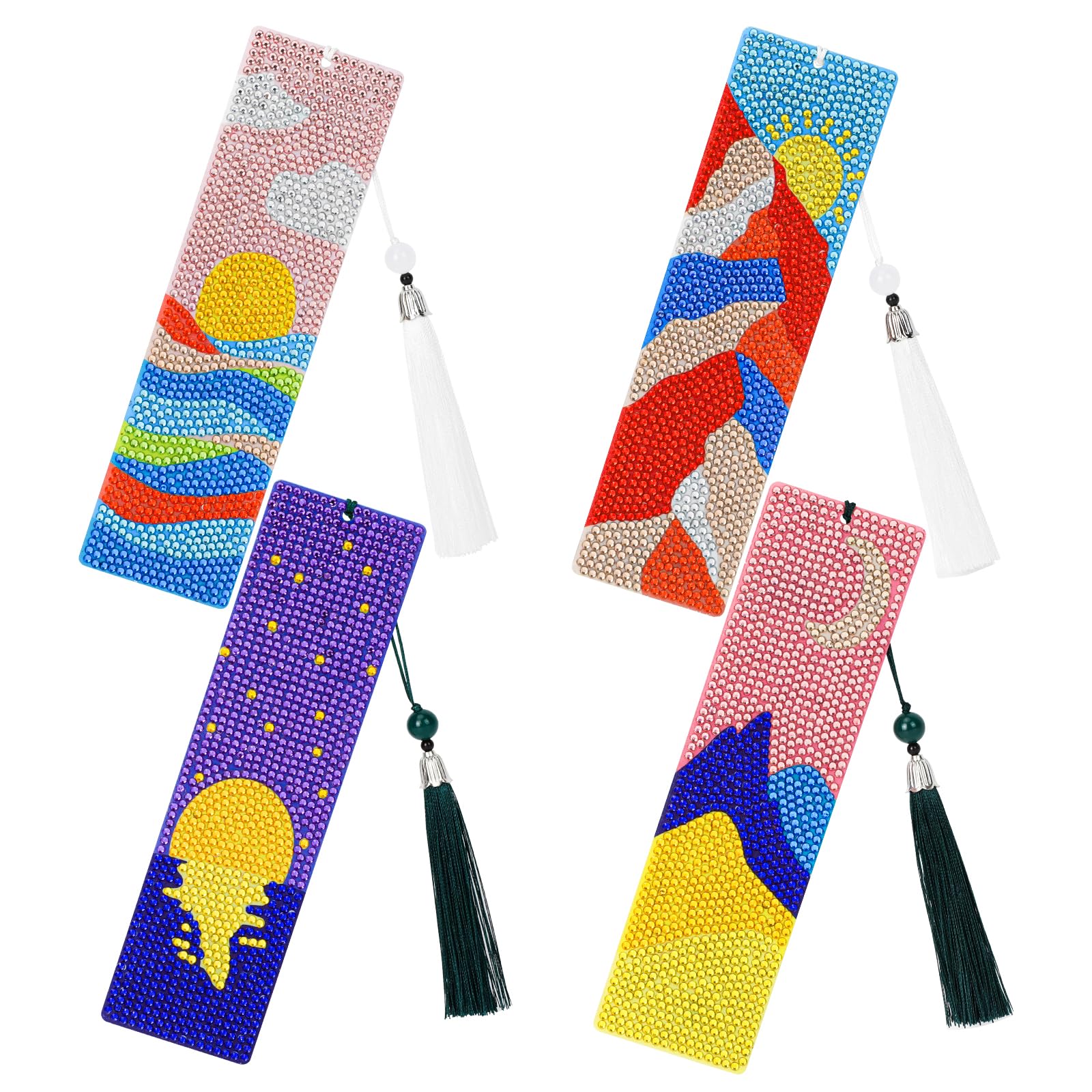 JSRQT 4Pcs 5D Diamond Painting Bookmarks Kit,Sun & Moon DIY Art with Tassels & Beads, Full Drill Rhinestone Bookmark for Beginners Adults Kids, Craft Gift for Reading Lovers
