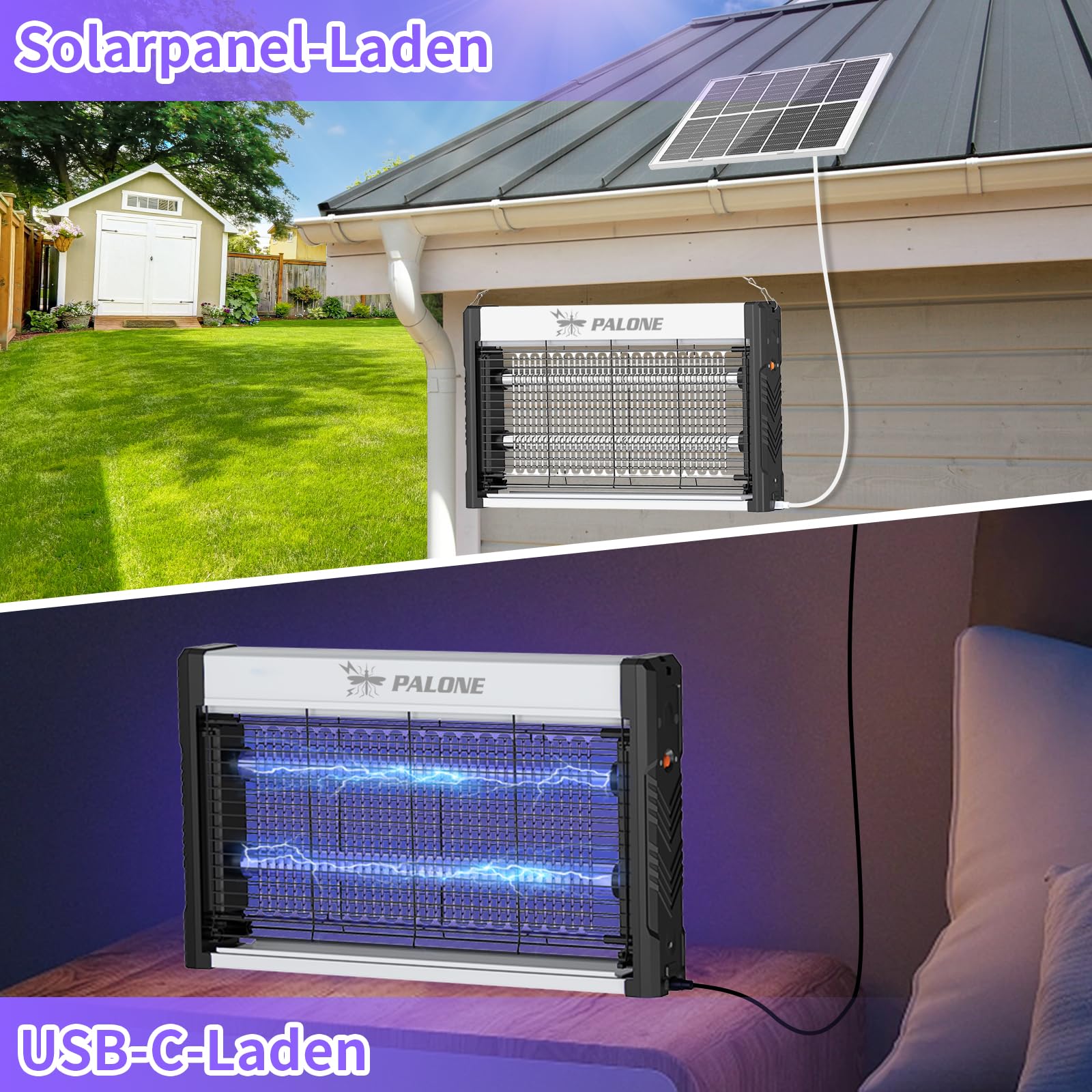 PALONE Elektrischer Insektenvernichter Solar, 3600mAh 4000V USB Insektenvernichter Elektrisch Mit Solarpanel, 2 LED UV-Licht, Tragbar & Effektiv für Innen und Außenbereich
