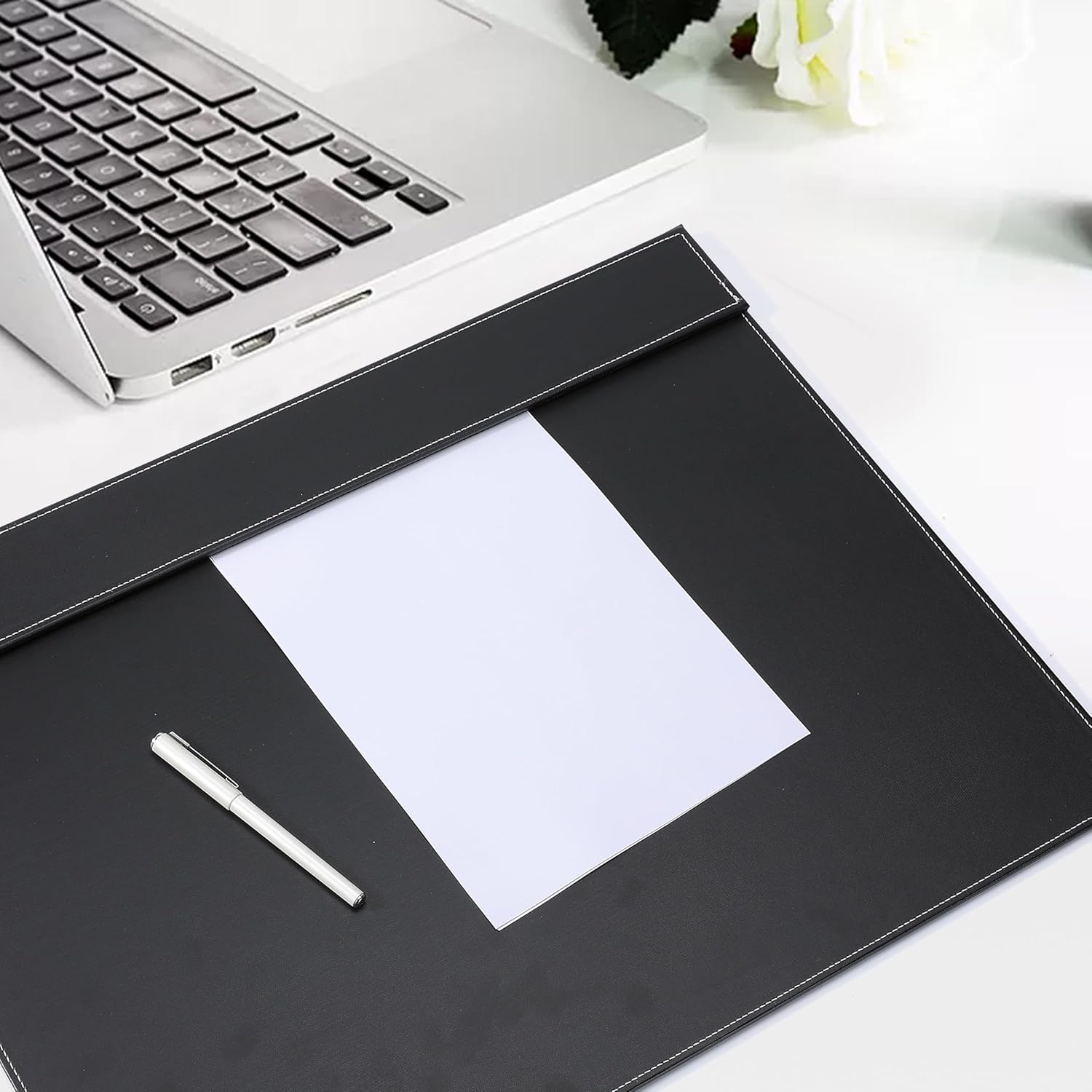 24" x 18" Leather Desk Blotter with Top Rail for Writing Leather Executive Desk Pad Protector Desk Mat for Office Home Workplace Black