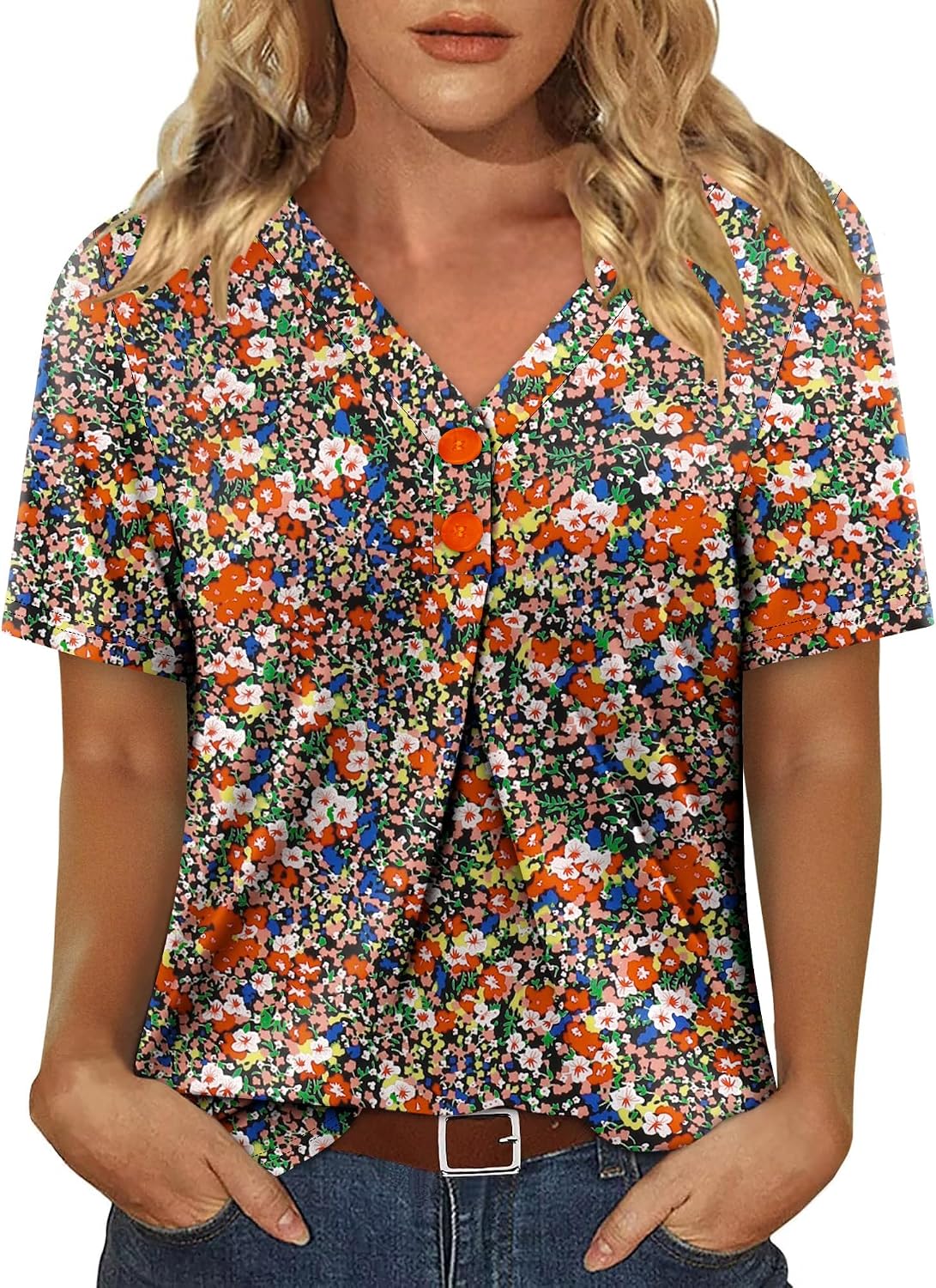 Magritta Womens Summer Casual V Neck Tunic Tops Short Sleeve Henley Shirts Pleated Buttons Loose Fit Blouse