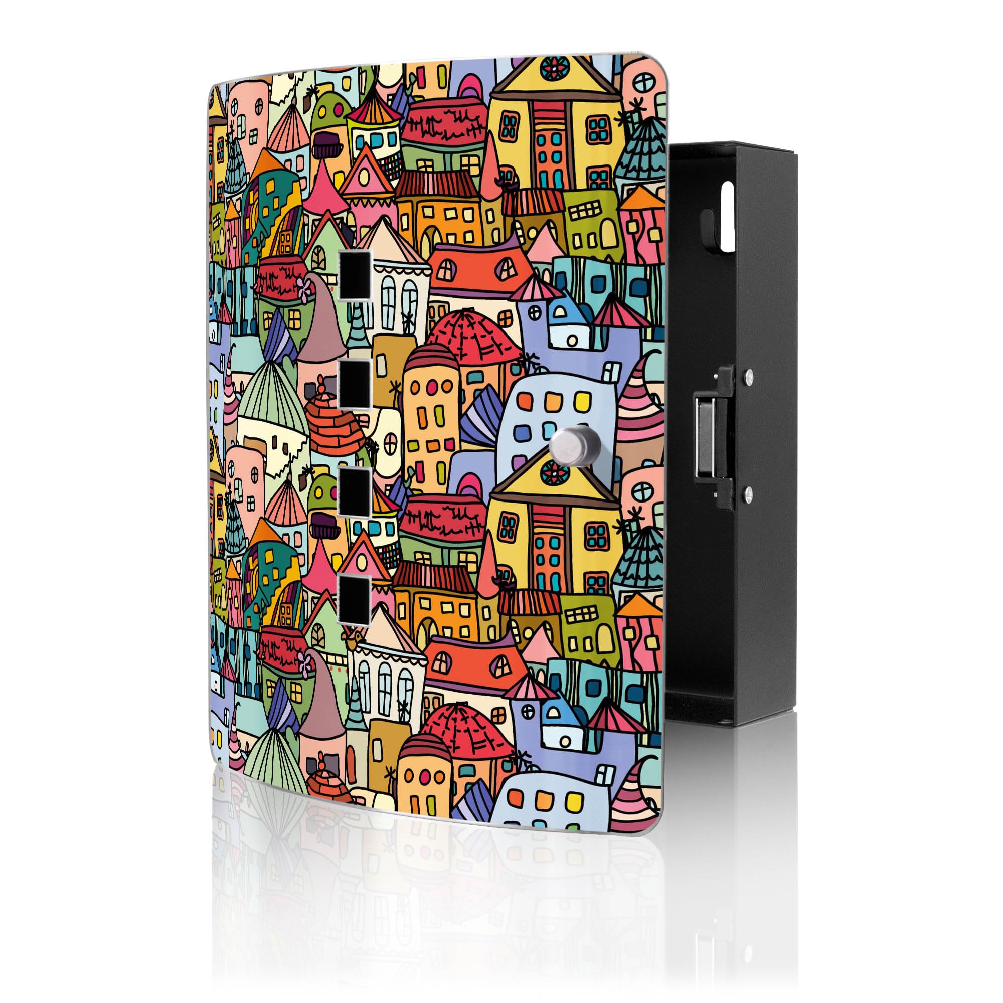 banjado Design Schlüsselkasten aus Edelstahl für 10 Schlüssel - Schlüsselschrank zur Schlüssel Aufbewahrung 24 x 21,5 x 7cm groß mit praktischem Magnetverschluss - Motiv Funky Town