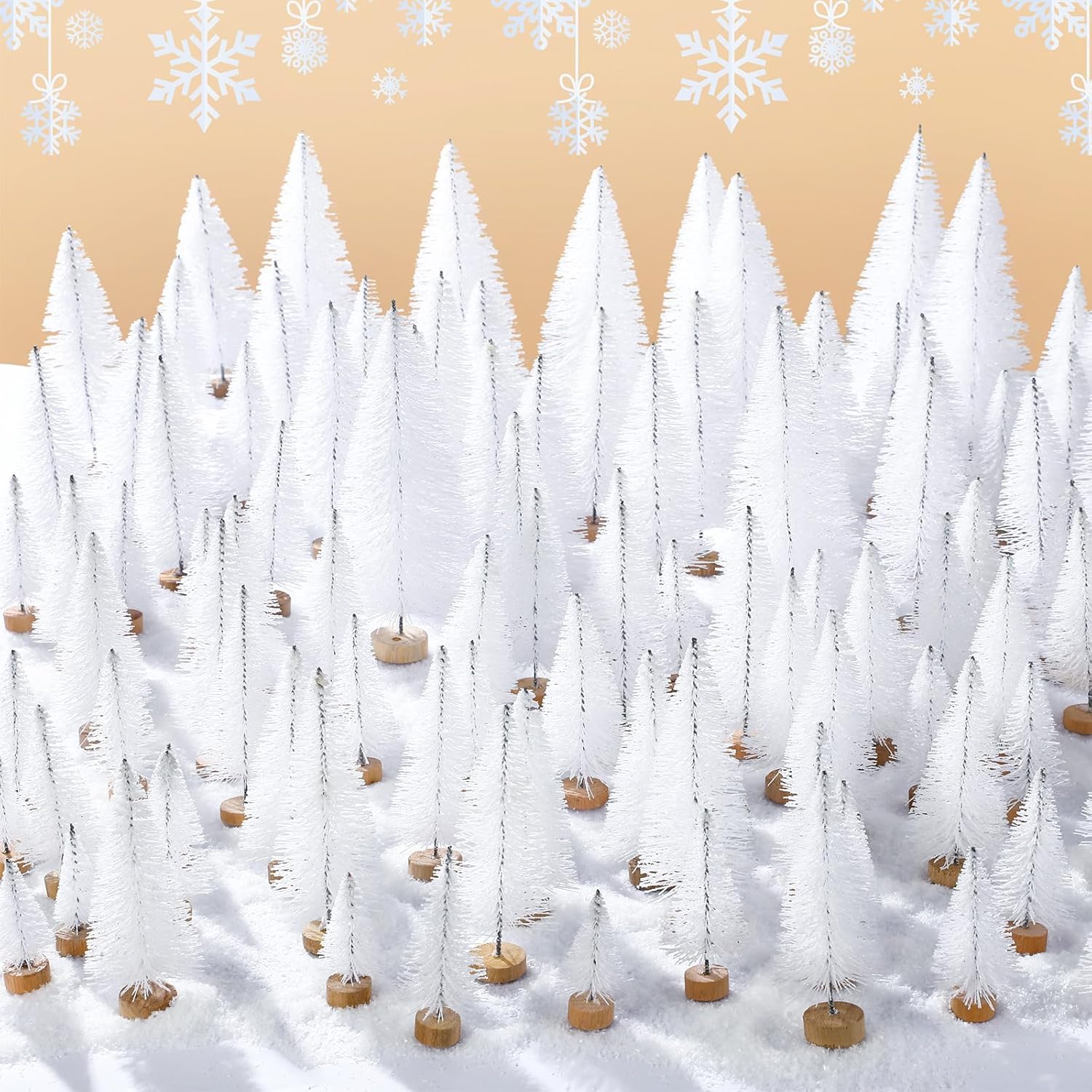 SATINIOR 200 Pieces 6 Sizes Artificial Mini Christmas Tree Sisal Snow Trees Bottle Brush Christmas Trees Pine Trees Ornaments with Wooden Base for Home Christmas Winter Party Decoration(White)