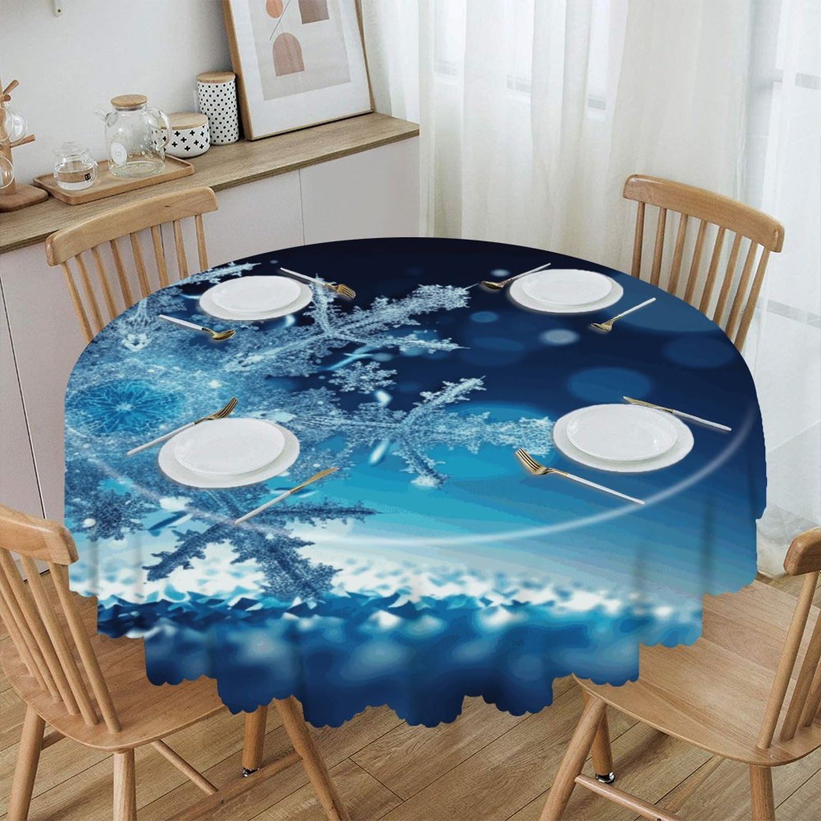 FekiLoot Blue Christmas Snowflake Round Tablecloths 60 Inch Resistant Washable Polyester Table Cloth Style Decorative Circle Fabric Table Cover for Dining Kitchen Party Farmhouse Outdoor