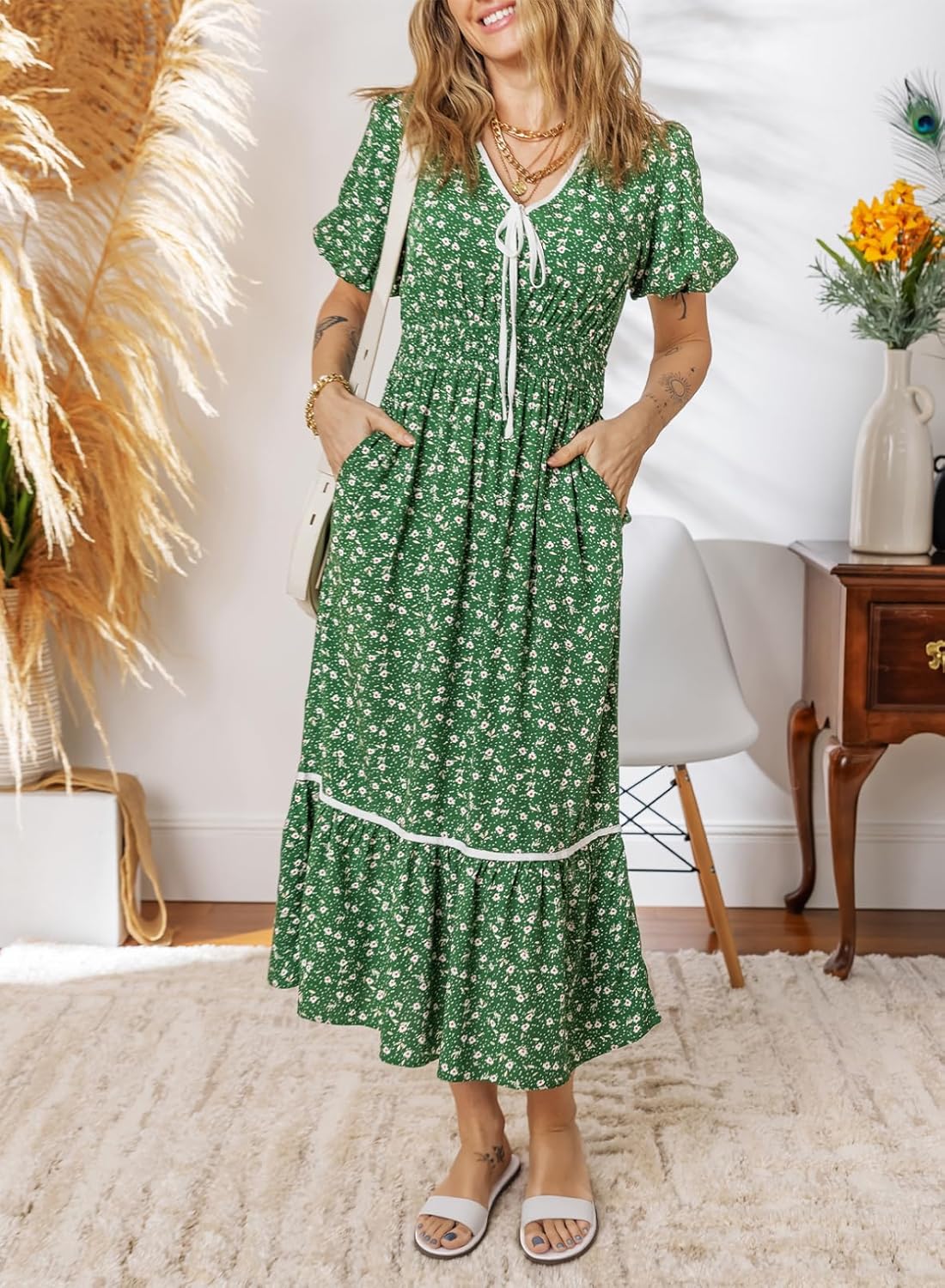 Dokotoo Womens Tie Front V-Neck Empire Waist Dress Summer Short Sleeve Smocked Wedding Guest Dress Floral Maxi Dresses - Image 4