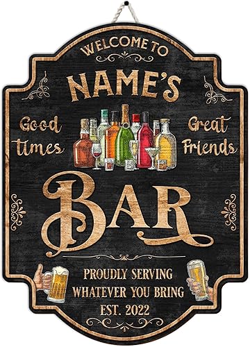 Placa de pared personalizada con letrero de madera con texto en inglés "Welcome To Our Bar" (NO REAL CARVED), decoración de barra de sótano, sala de