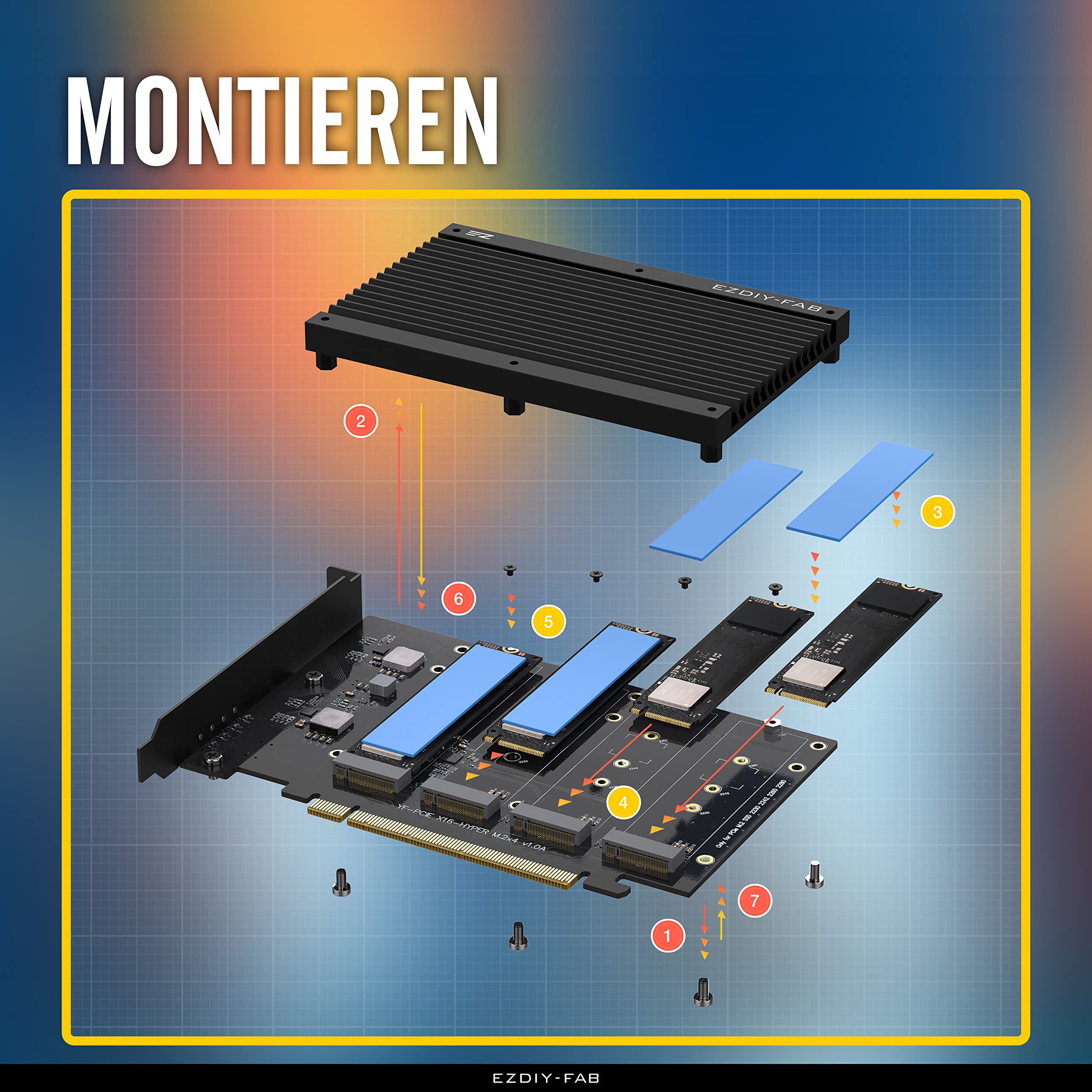 EZDIY-FAB Quad M.2 PCIe 4.0/3.0 X16 Cad de expansión con disipador de Calor, Compatible con 4 SSD PCIe NVME M.2, Raid en CPU (VROC) en Plataforma Intel y Raid PCIe 4.0 en Plataforma AMD, se Requiere