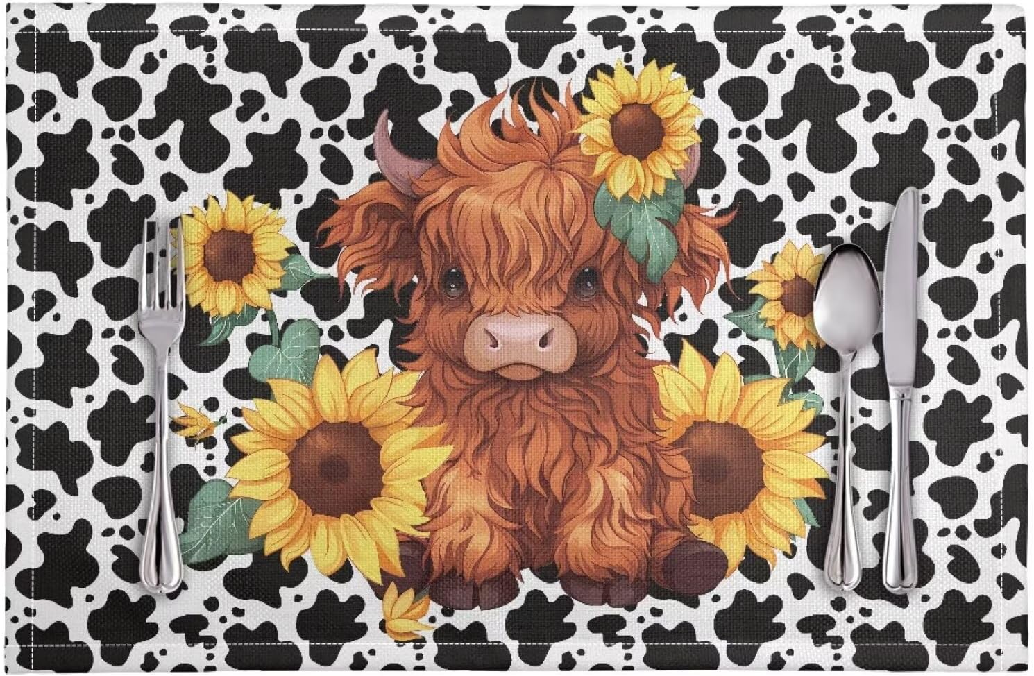 Placemats Set of 8 Non-Slip Kitchen Dining Table Mats Soft Heat Resistant Home Restaurant Cafe Countertop Accessory Decor, 11.8 x 17.7 Inch, Highland Cow Sunflower Cow Pattern