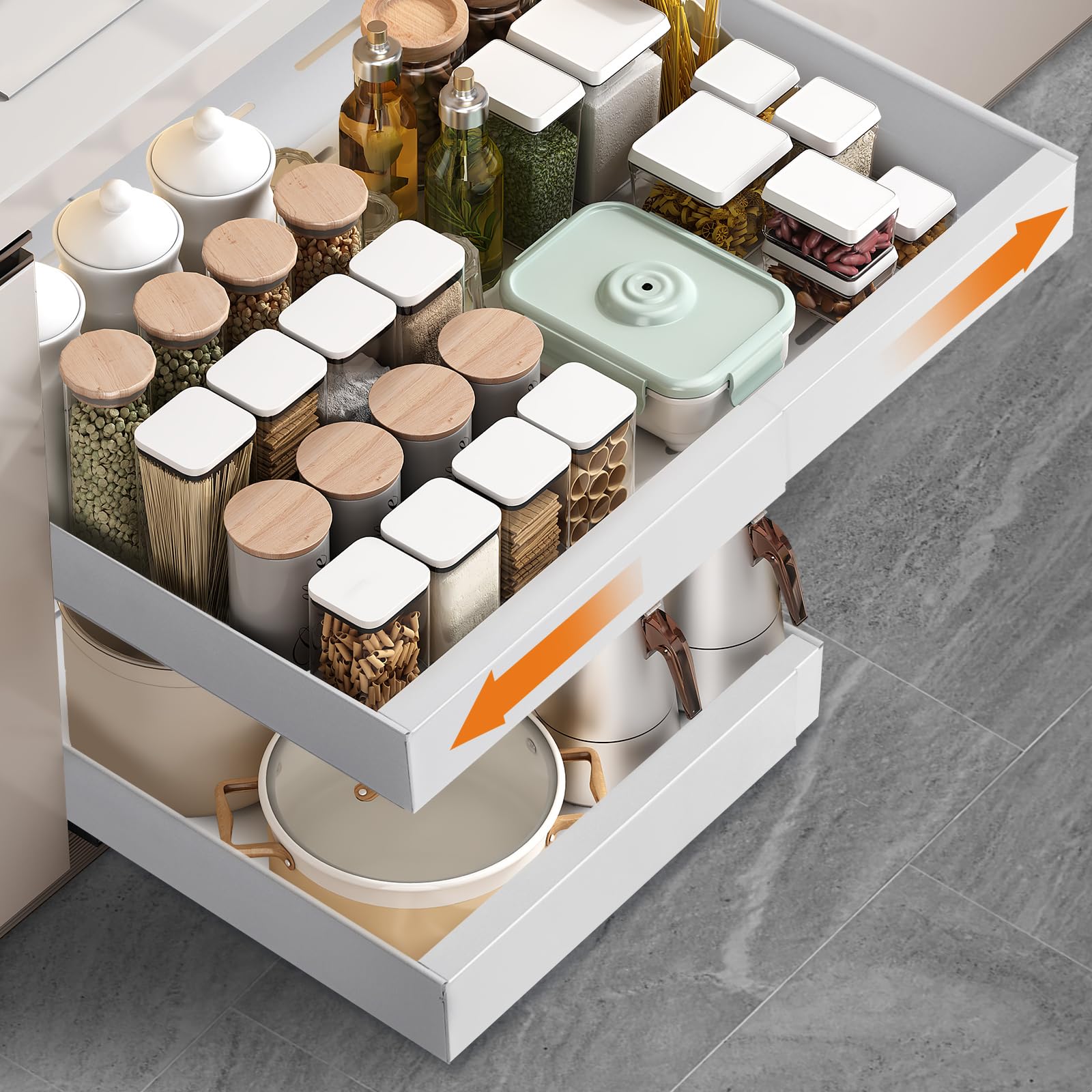 KUOGAS Telescopic Drawer, Extendable Kitchen Drawer, Kitchen Cabinet Organiser, No Drilling and Nailing Required, White