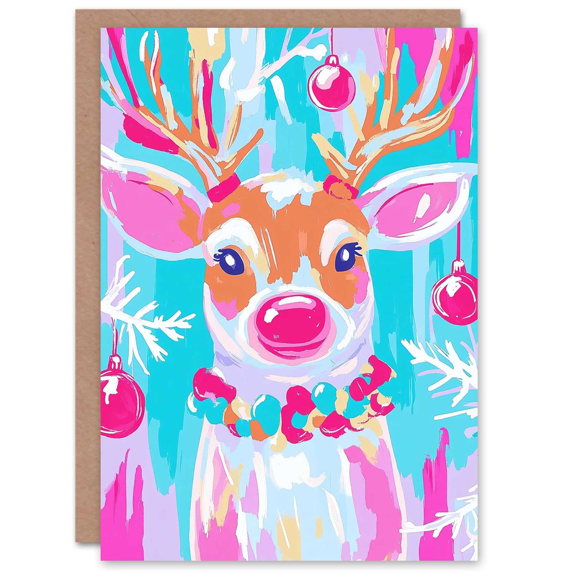 Wee Blue Coo Greeting Card Festive Reindeer Vibrant Pink Blue Modern For Her Woman Xmas Christmas Card