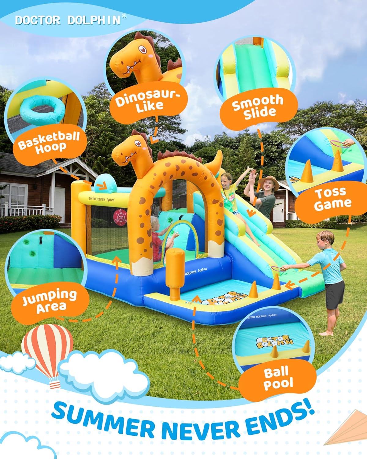 Doctor Dolphin Bounce House Slide Dinosaur Inflatable Bouncy Castle Jumping Castle with Tunnels Ball Pit for Toddlers Kids 3-8 Years Old