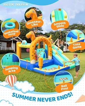 Doctor Dolphin Bounce House Slide Dinosaur Inflatable Bouncy Castle Jumping Castle with Tunnels Ball Pit for Toddlers Kids 3-8 Years Old
