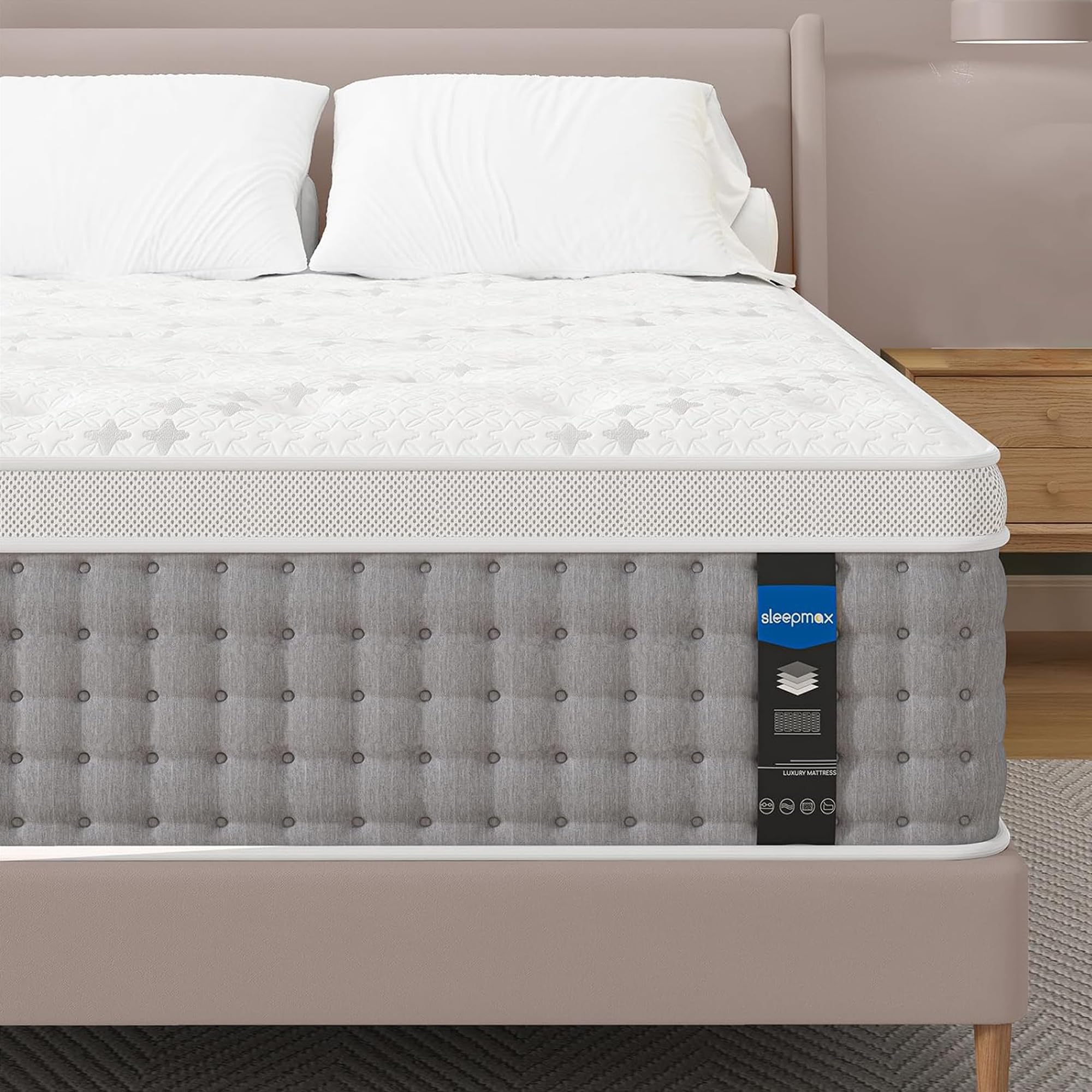 Sleepmax King Mattress 12 Inch - Hotel-Collection Hybrid Mattress Pain Relief - Deep Sleep Mattress Extra Lumbar & Hip Support - Motion-Isolation Bed in a Box, CertiPUR-US Certified, 365-Night Trial