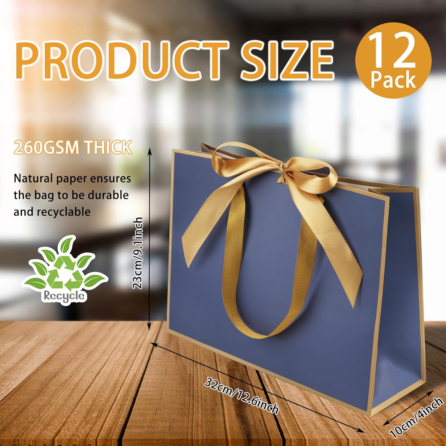 STOBOCTER 12 Pcs Thank You Gift Bags with Handles 12.6x4x9.1'' Welcome Bags Return Gifts with Bow Ribbon for Graduation Wedding Bridesmaid Father's Day Baby Shower Birthday Party(Navy Blue, Gold) - Image 2