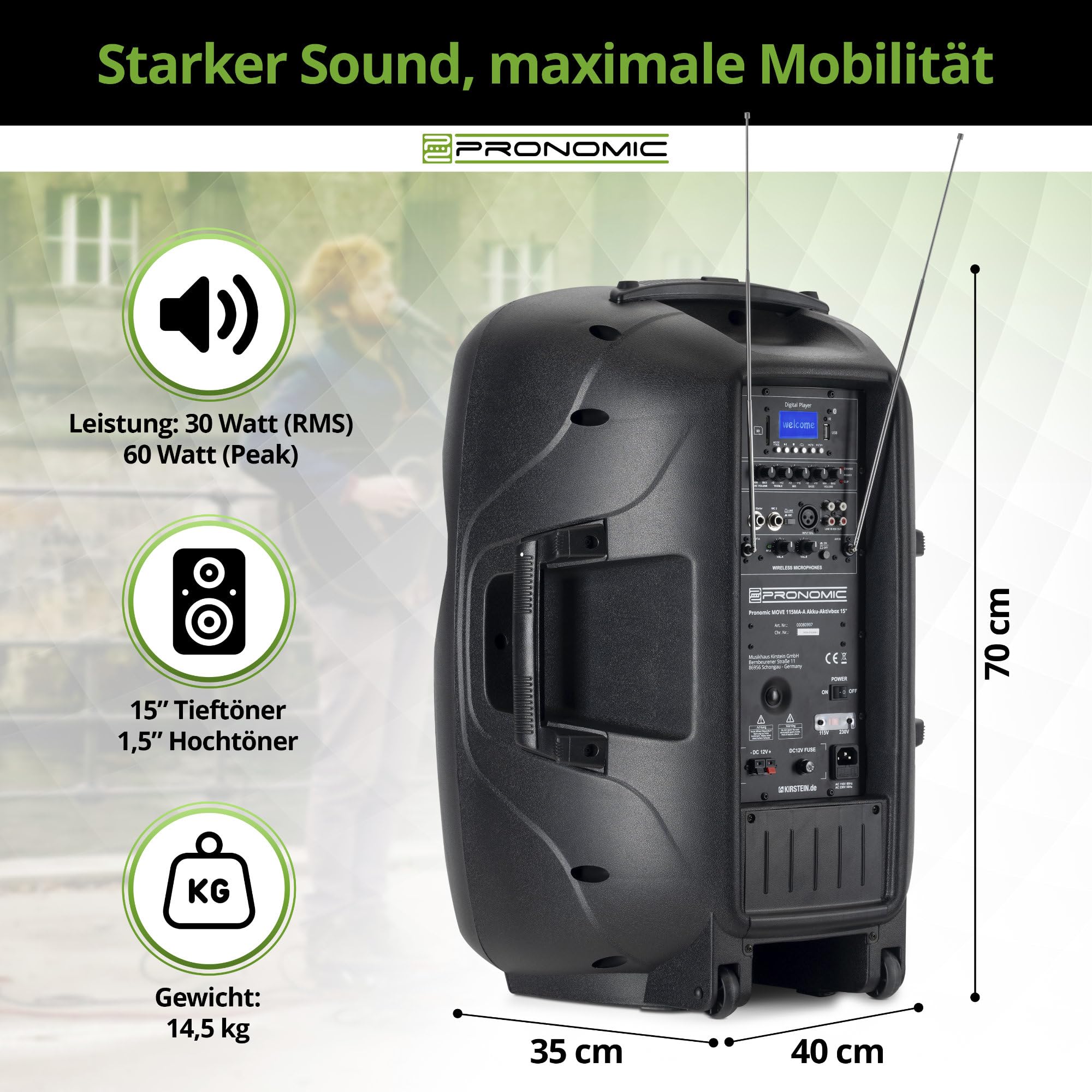 Pronomic Move 15" Partybox - Mobile PA-Anlage Bluetooth Lautsprecher TWS - Musikbox mit leistungsstarkem Akku - Leistung 30W (RMS) - Set inkl. Aktivbox, Funkmikrofon, Headset und Fernbedienung