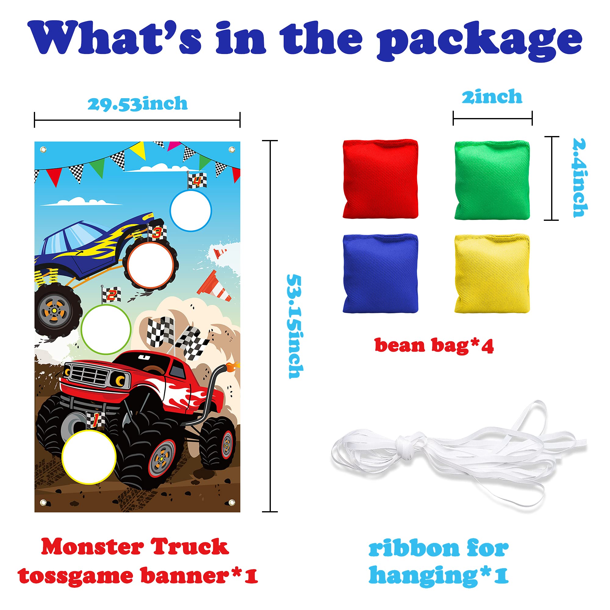 BeYumi Monster Truck Toss Game Banner with Bean Bags Checkered Party Game for Indoor Outdoor Activities 4 Score Holes Monster Truck Theme Birthday Party Supplies for Kid Adult - Image 2