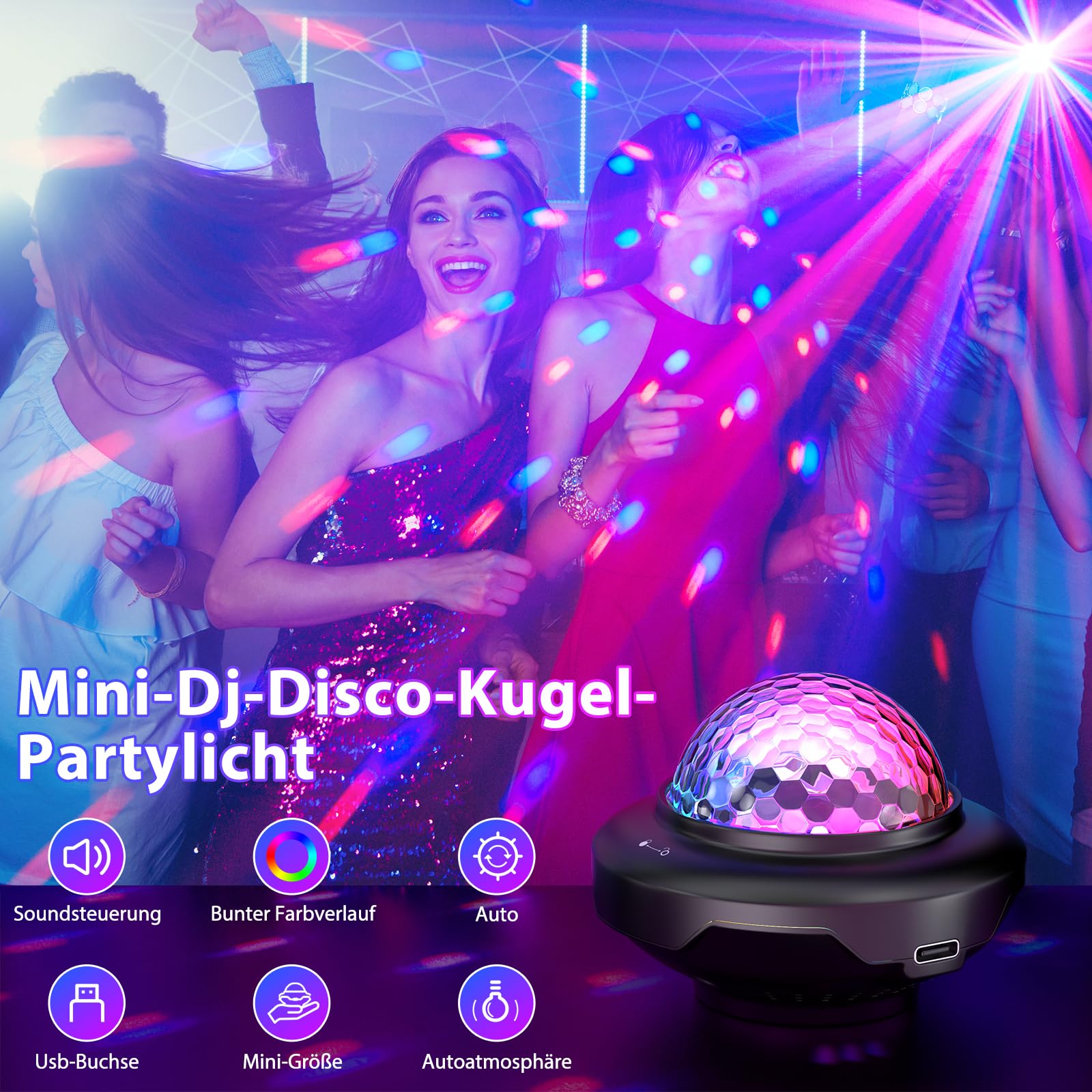Mini bola de discoteca, SEBRUANC luz de discoteca, luz de fiesta, 300 mAh, batería integrada USB C, luz controlada por música, bola de DJ, bola con luz nocturna para fiestas, niños, cumpleaños