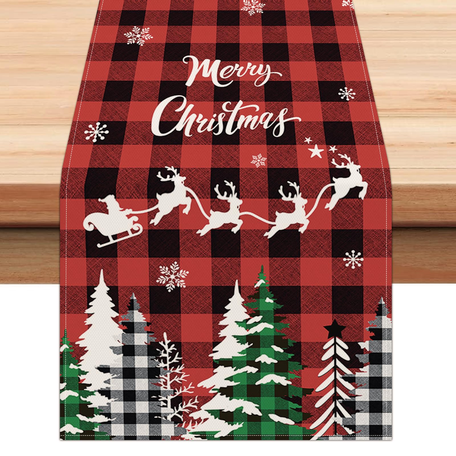 Bonhause Camino de mesa a cuadros de búfalo con árboles de Navidad, camino de mesa de renos a cuadros rojos y negros para decoración del hogar, 13 x 72 pulgadas, copos de nieve de invierno, decoración