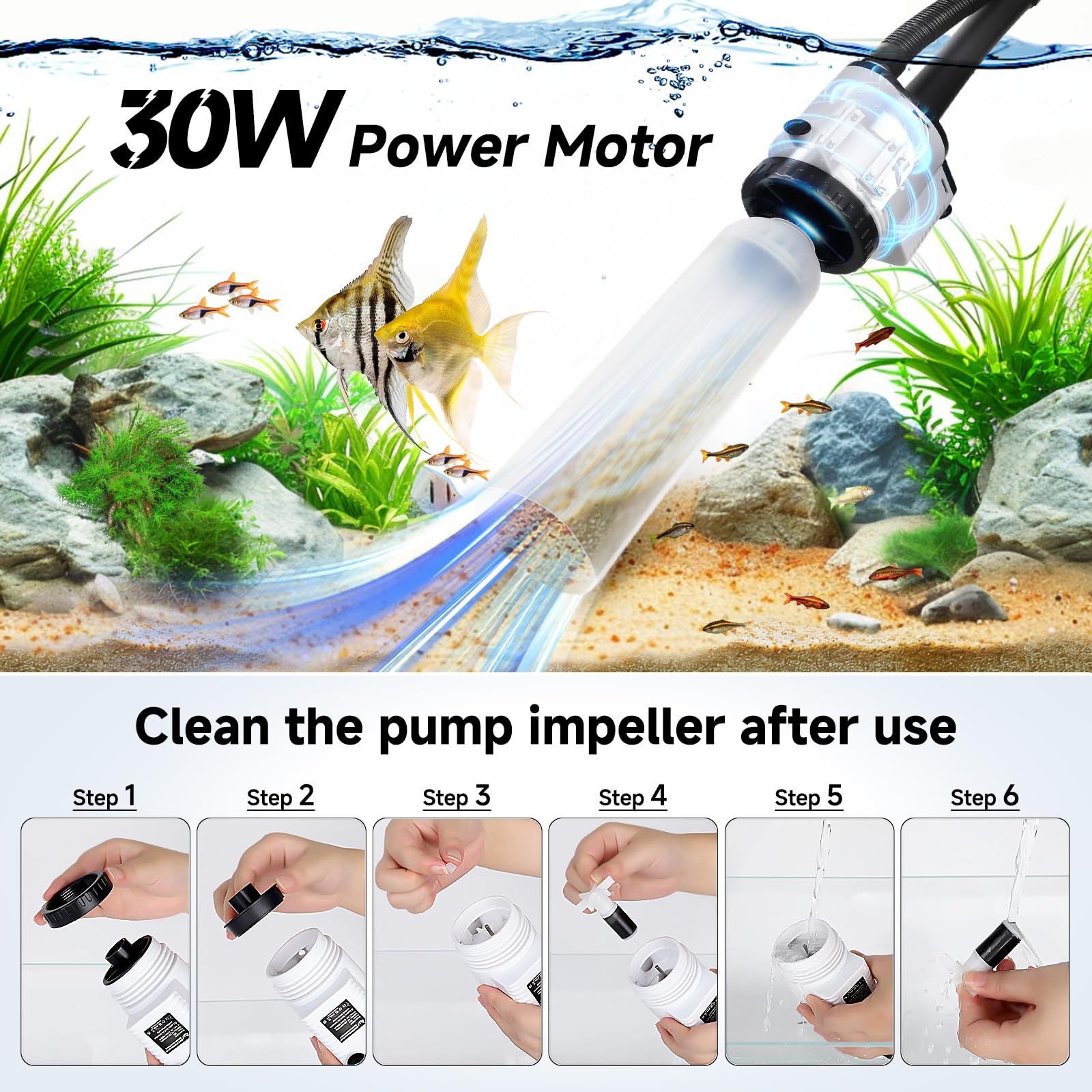 AQQA Aspirapolvere per acquario, 8 in 1, aggiornamento elettrico, 30 W, per cambio acqua, lavaggio della sabbia, filtraggio e circolazione dell'acqua
