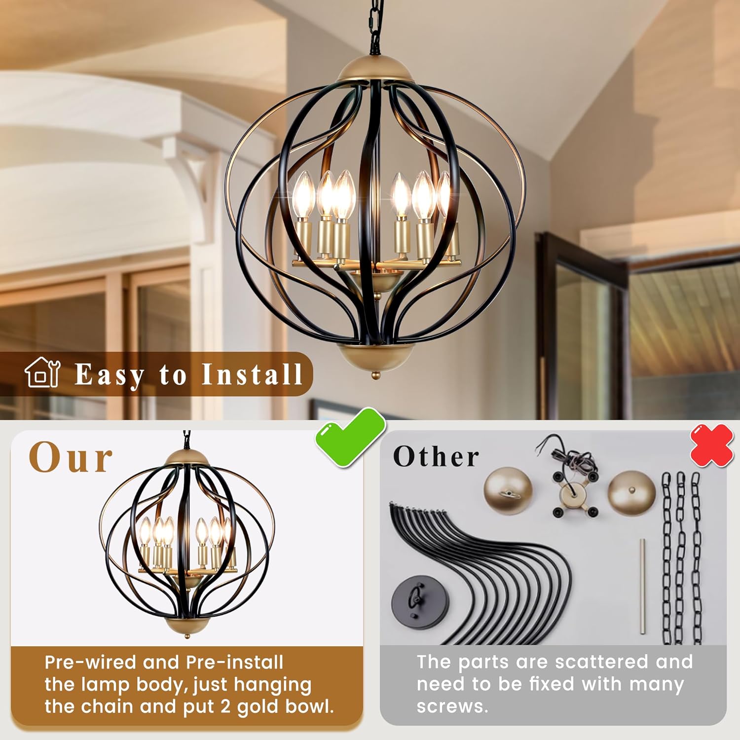 Black Chandeliers for Dining Room, Modern Sphere Chandelier 17.7" Farmhouse Chandelier 6 Lights Metal Industrial Geometric Brass Pendant Light Fixture for Stairs, Foyer, Entryway, Kitchen Island