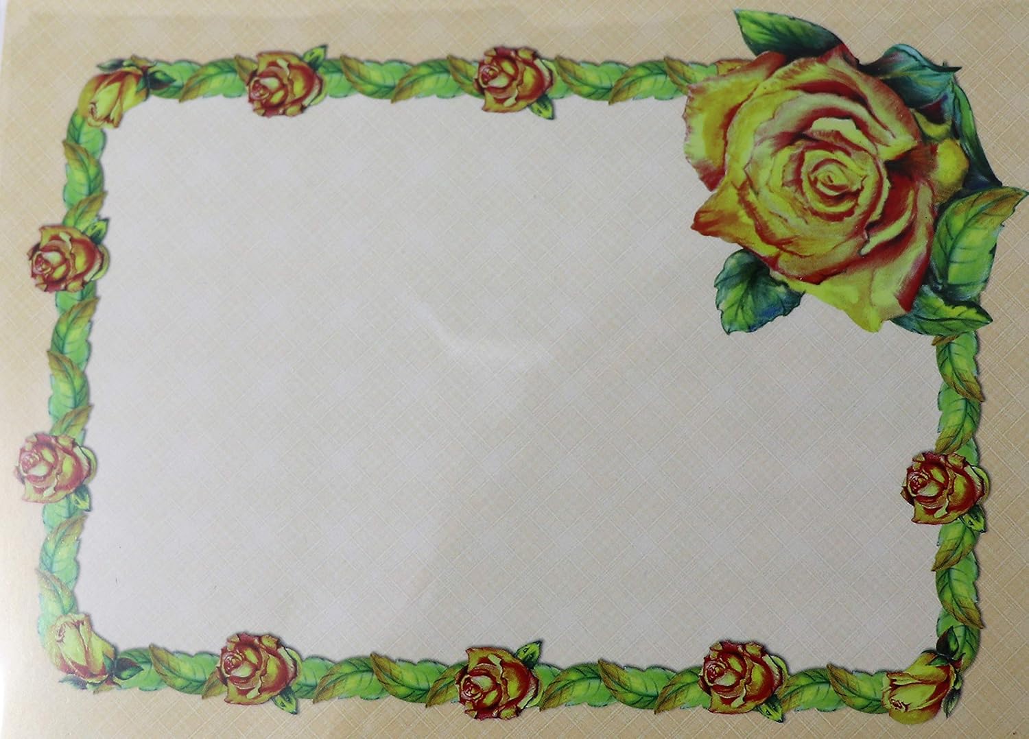 Rose Leafy Rectangle Frame Design Making Pack That Contains Cards, 3 Flower Decoupage Sheets and 3 Envelopes, us:one size, Green and Orange