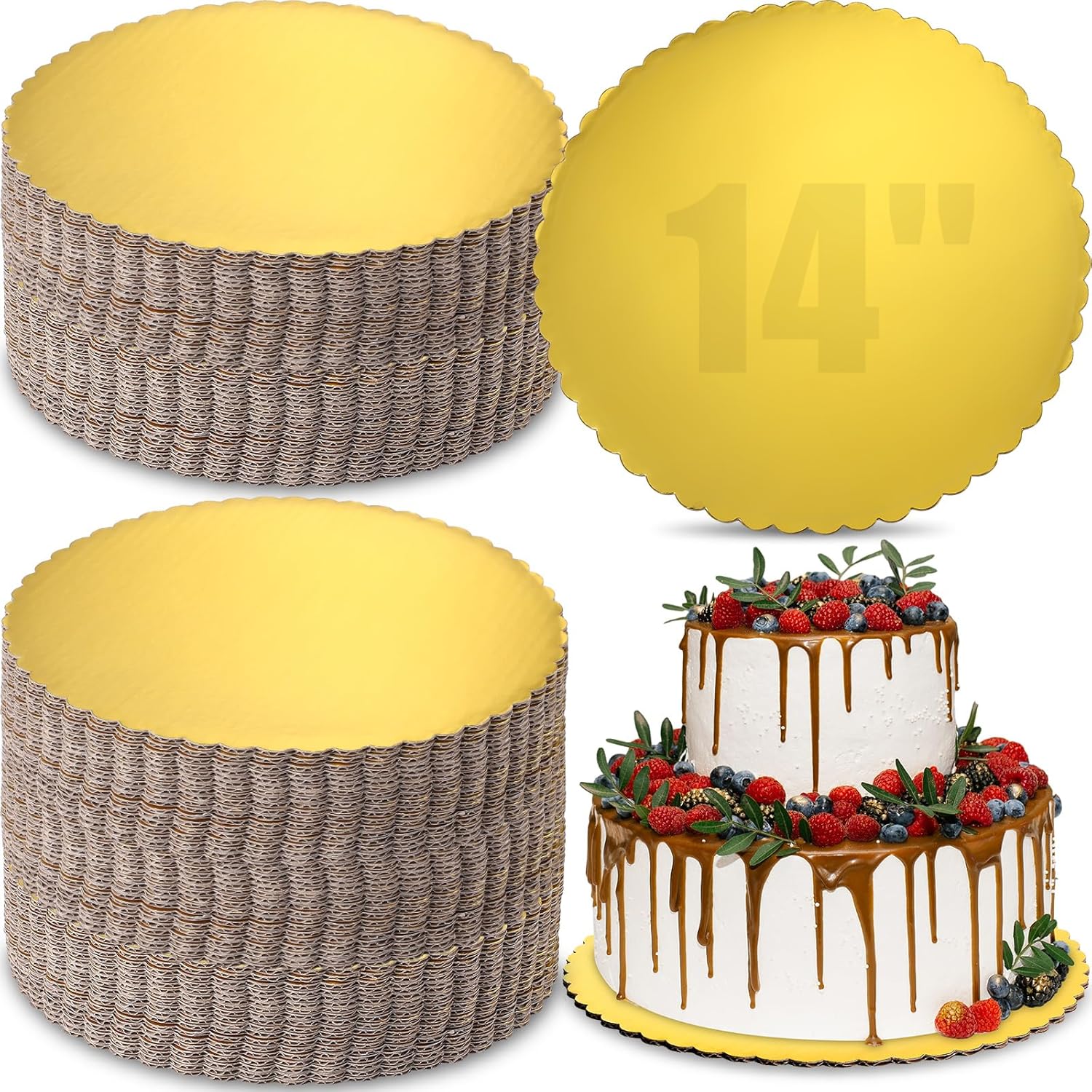 Dandat 50 Pcs 14 Inches Gold Cake Boards Round Cake Base Disposable Pie Plate Bulk Sturdy Circle Cardboard Scalloped Base for Birthday Decorating New Year Displaying Cakes Pizza Pie