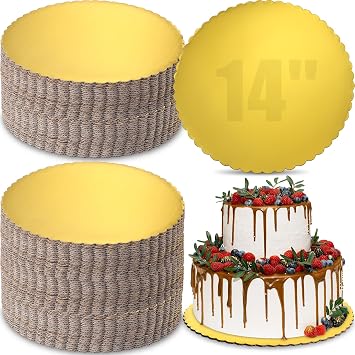 Dandat 50 Pcs 14 Inches Gold Cake Boards Round Cake Base Disposable Pie Plate Bulk Sturdy Circle Cardboard Scalloped Base for Birthday Decorating New Year Displaying Cakes Pizza Pie