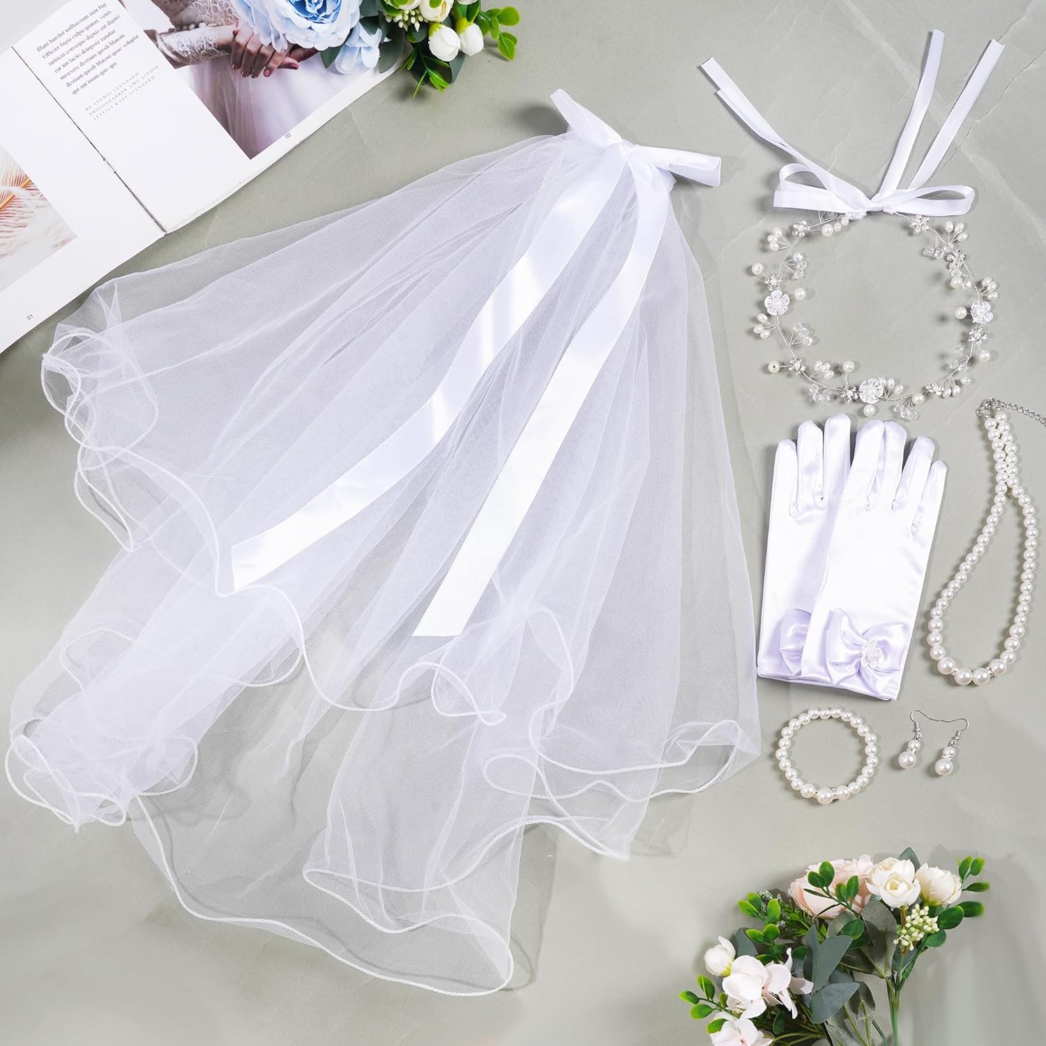 hoyuwak 6 Pcs First White Communion Veil Set Flower Rhinestone Pearl Headpiece White Pearl Earring Necklace Bracelet Accessories for Wedding