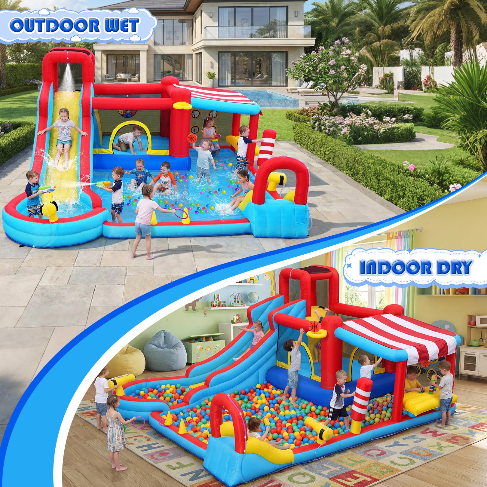 Tobogán acuático Inflable 15 en 1 Castillo Hinchable con tobogán Largo y Piscina Grande, Soporte para Aperitivos con toldo, Mini tobogán, Niebla y cañones de Agua para niños, jardín, Fiesta al Aire