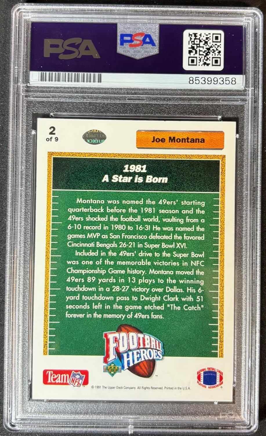 Joe Montana 1991 Upper Deck Football Heroes A Star Is Born Signed Football Card #2 PSA DNA Certified Auto Authentic Cert #85399358