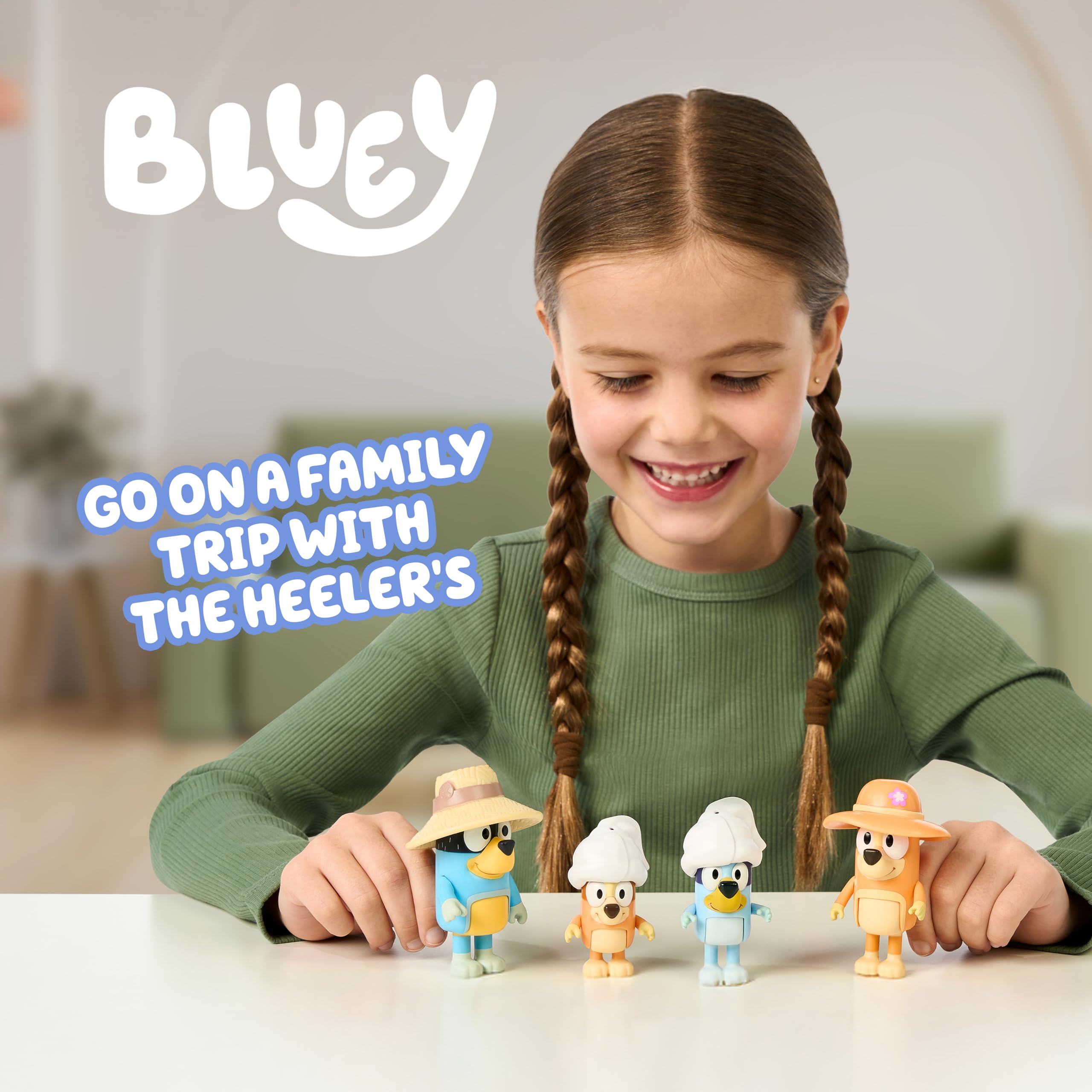 BlueY Zestaw 4 figurek na urlop z rodziną; ruchome figurki (6,3 cm), bingo, bandyta i chilli; z akcesoriami; odtwarzanie najlepszych momentów z serii animowanej