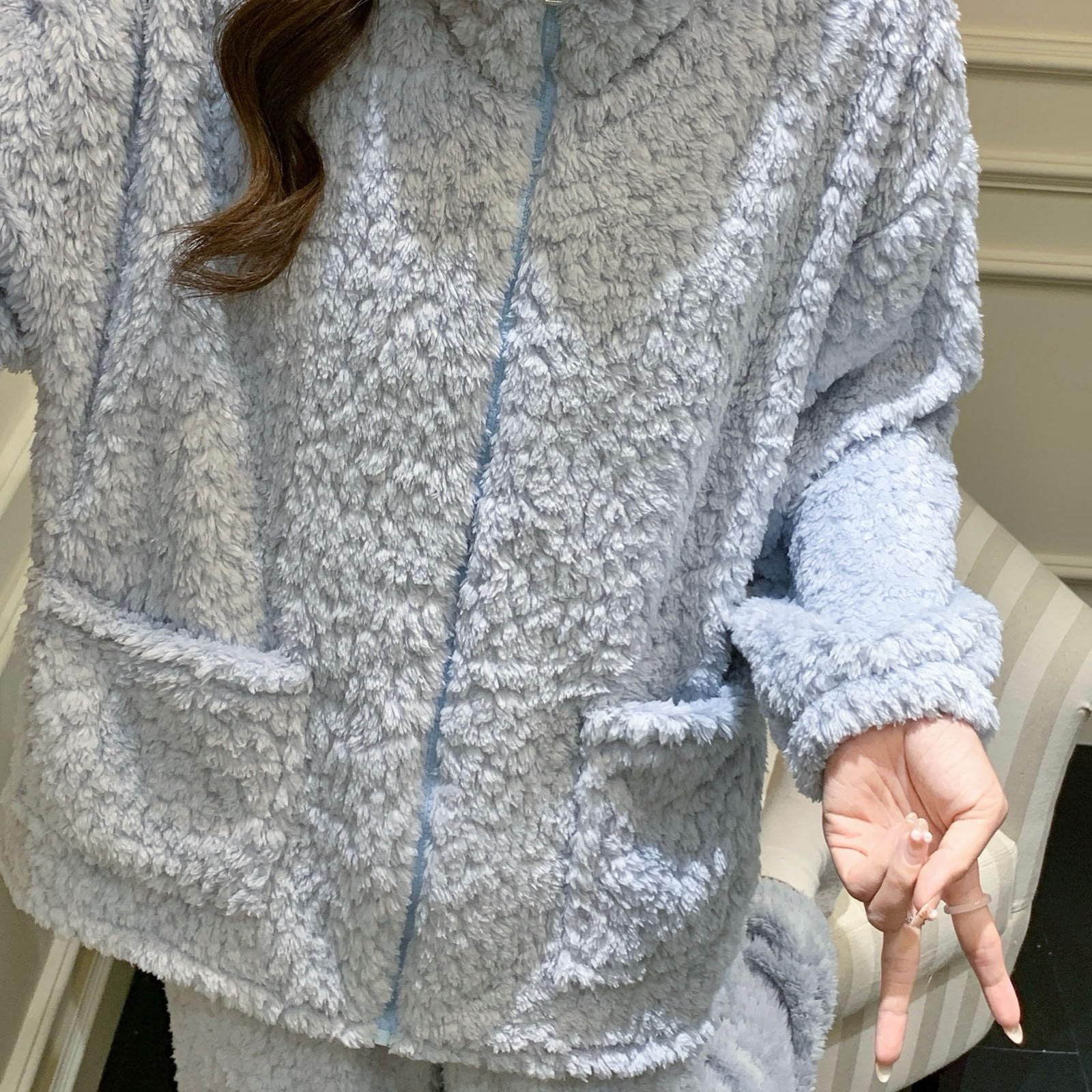 Generisch Pijama largo de franela para mujer, cuello redondo, forro polar, invierno, térmico, manga larga, de rizo, pijama de dos piezas, ropa de dormir cómoda