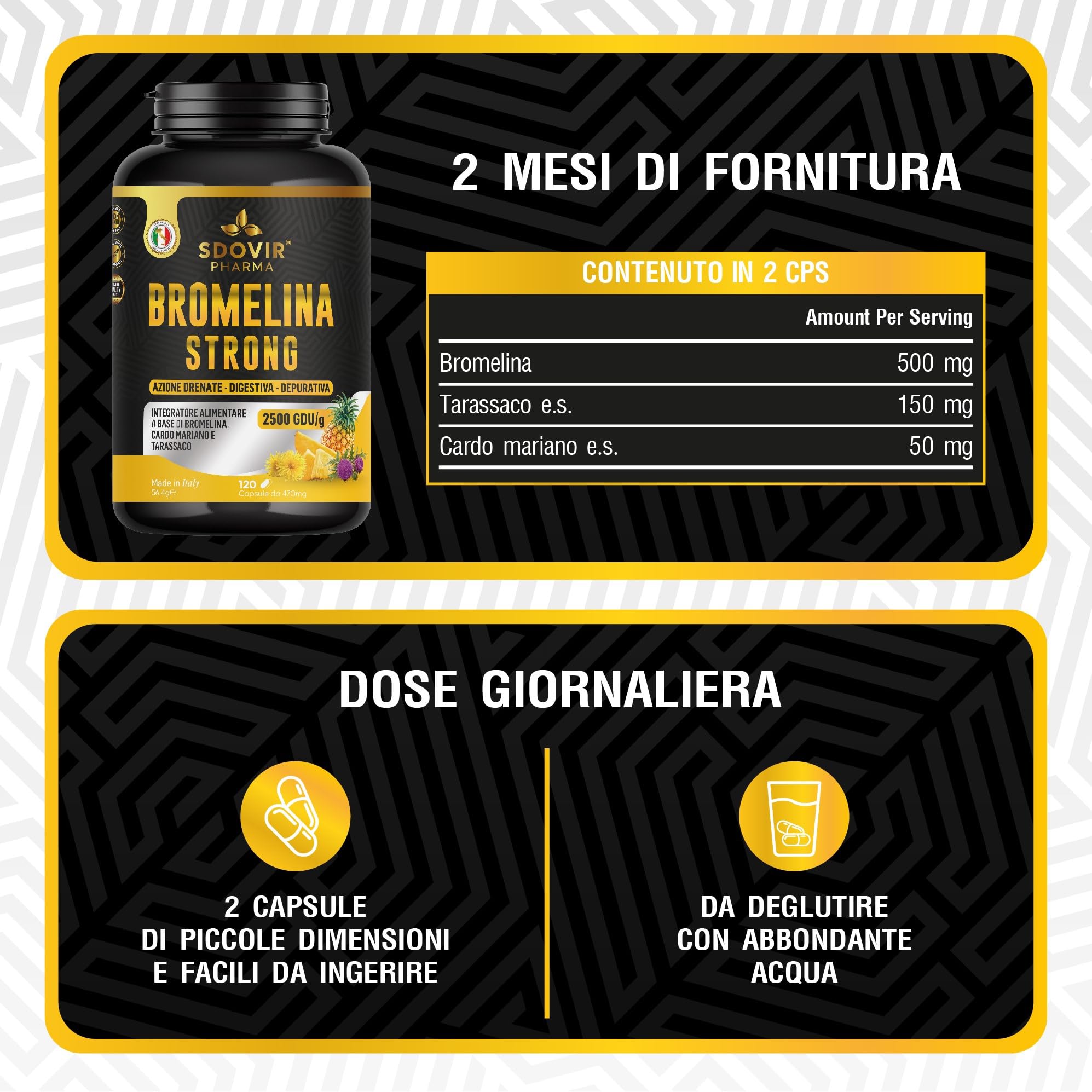 Bromelina Forte Drenante, con Tarassaco e Cardo Mariano, Alto Dosaggio 2500 GDU/g, Anticellulite Forte, Microcircolo Gambe, Gastroprotetta, Detox Fegato, 120 Capsule - Bromelina Strong