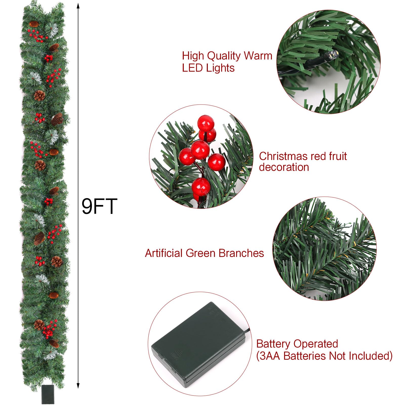 CCINEE Guirlande de Noël artificielle pré-éclairée de 2,7 m, guirlande de Noël à piles avec 50 lumières LED, guirlande de Noël éclairée avec pommes de pin et baies rouges pour décoration intérieure et