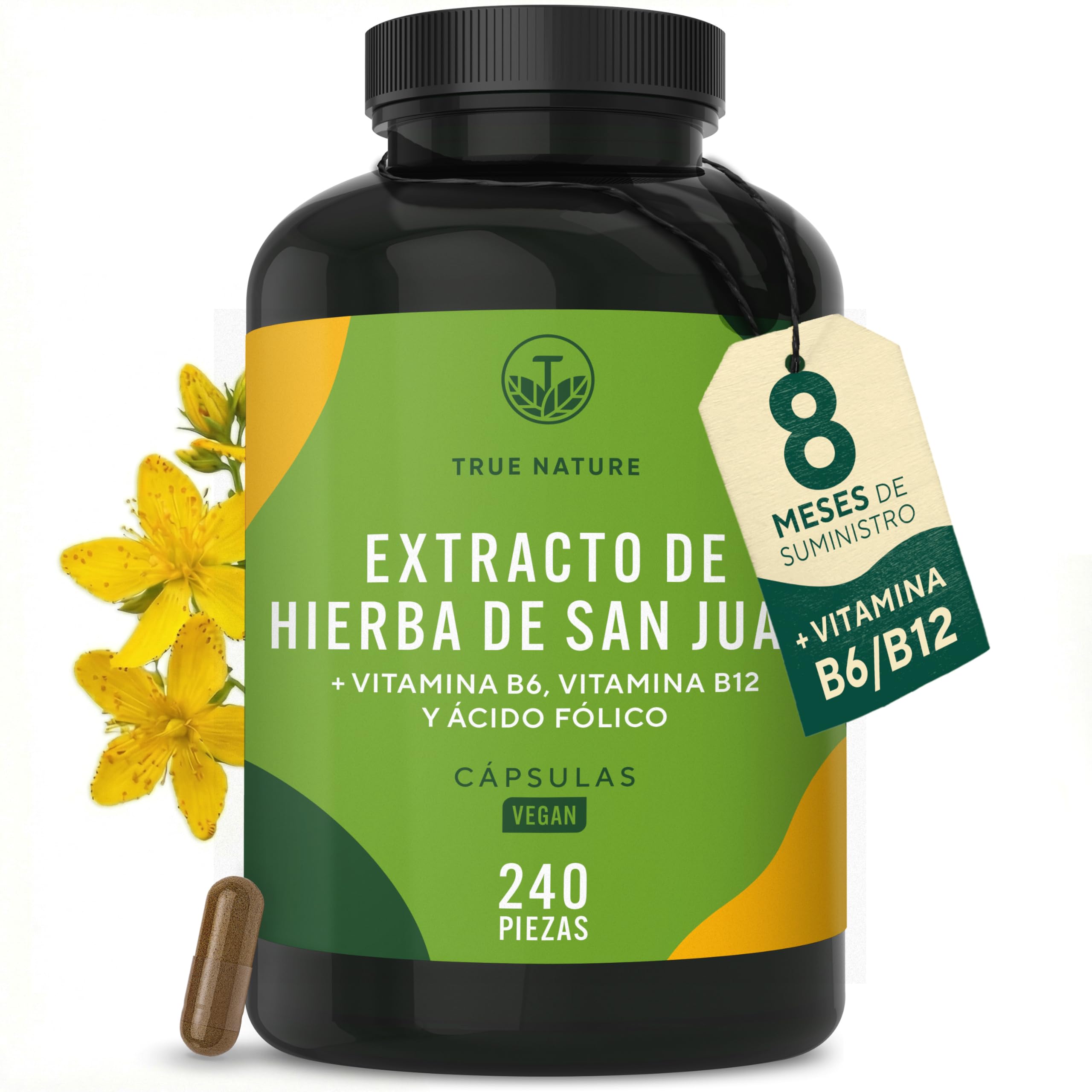 Hipérico Hierba de San Juan Extracto - 5000mg al día - 240 cápsulas - Alta Concentración - con hipericina natural - con vitaminas B6, B12 y ácido fólico - TRUE NATURE®
