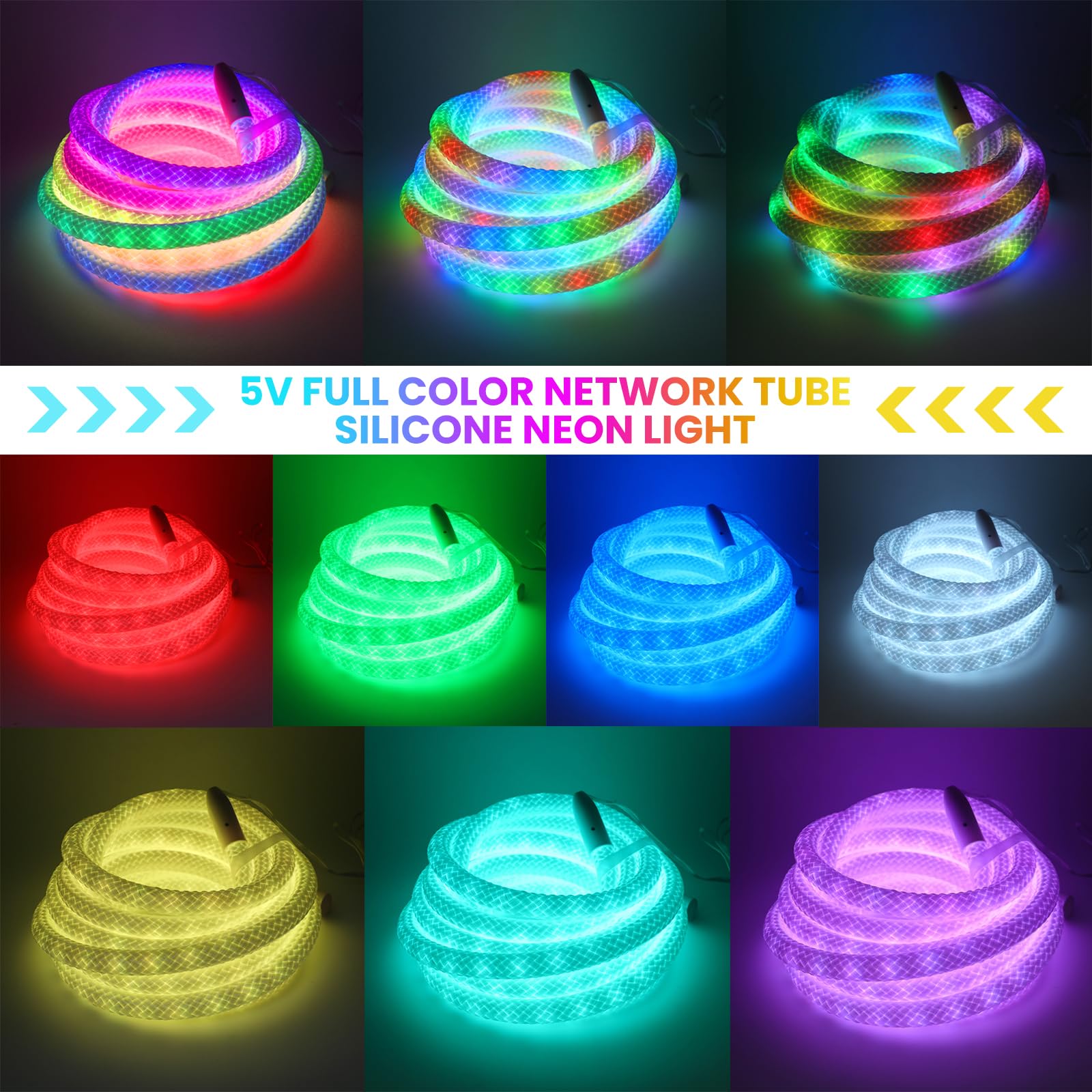 KISUFU Neon Striscia LED 5M, USB 5V RGB LED WS2812B, Impermeabile Neon LED Strisce Silicone con APP e Telecomando, Striscia Flessibile per la Decorazione, Esterna, Soggiorno, Camera da Letto