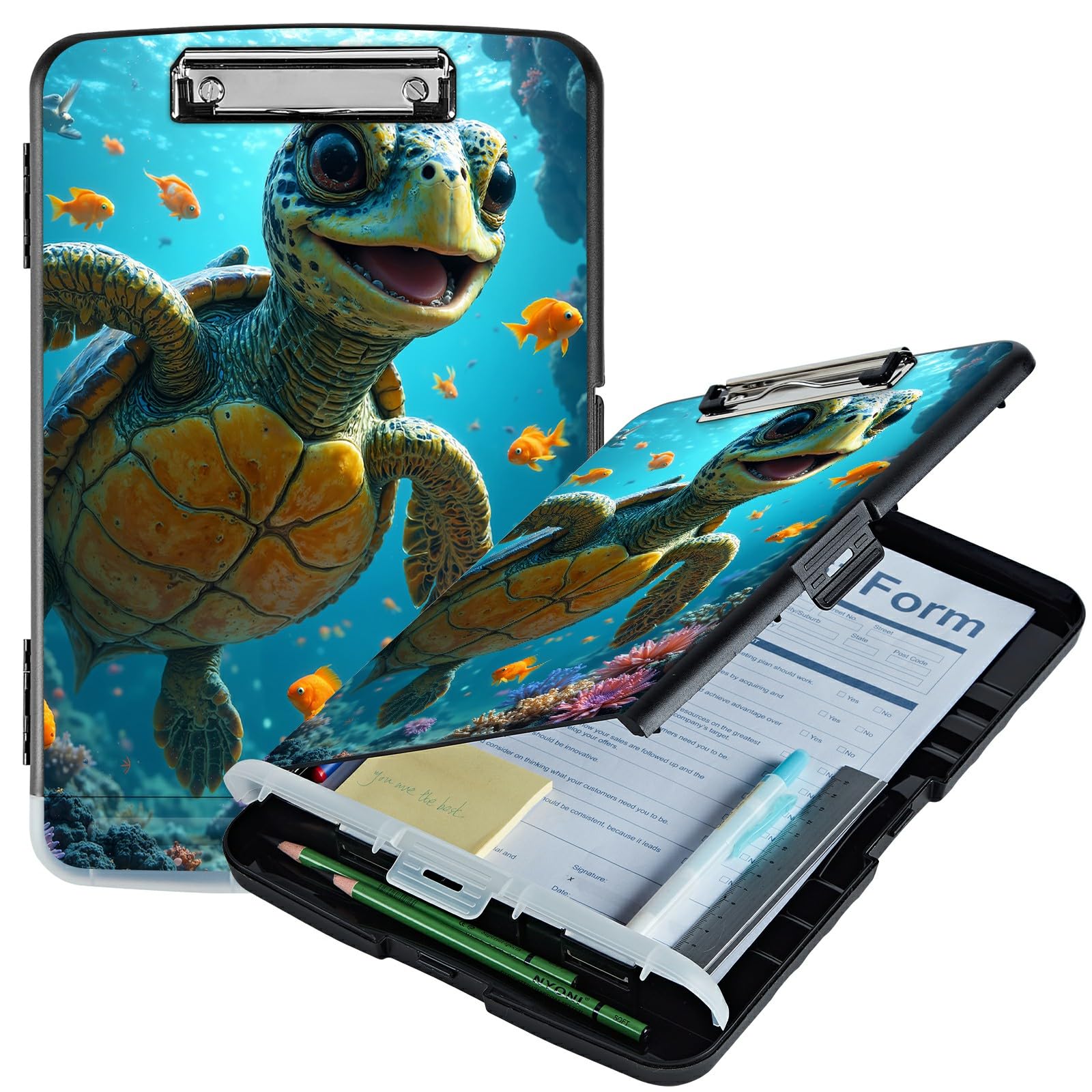 RWUTYTIUL A4 Clipboard with Storage Pen Holder, Clipboards Organizer Nursing Clipboard Foldable File Folder Plastic Clipboard Folio Clip Board for Office Work Classroom Doctor, Baby Sea Turtle
