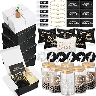 54 Pcs Bridesmaid Proposal Gifts, Maid of Honor Gift Include Wedding Gift Box Makeup Bag Invited Card Glass Cup Lip Balm Scrunchie Bracelet for Bridal Shower Bachelorette Party(Black, White)