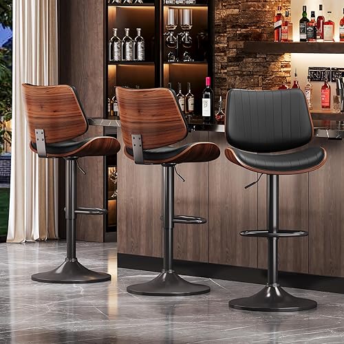 Miniatura 7 de Juego de 3 taburetes de bar modernos con respaldo de madera curvada y asiento de cuero, taburetes de bar para encimera de cocina, bar, negro