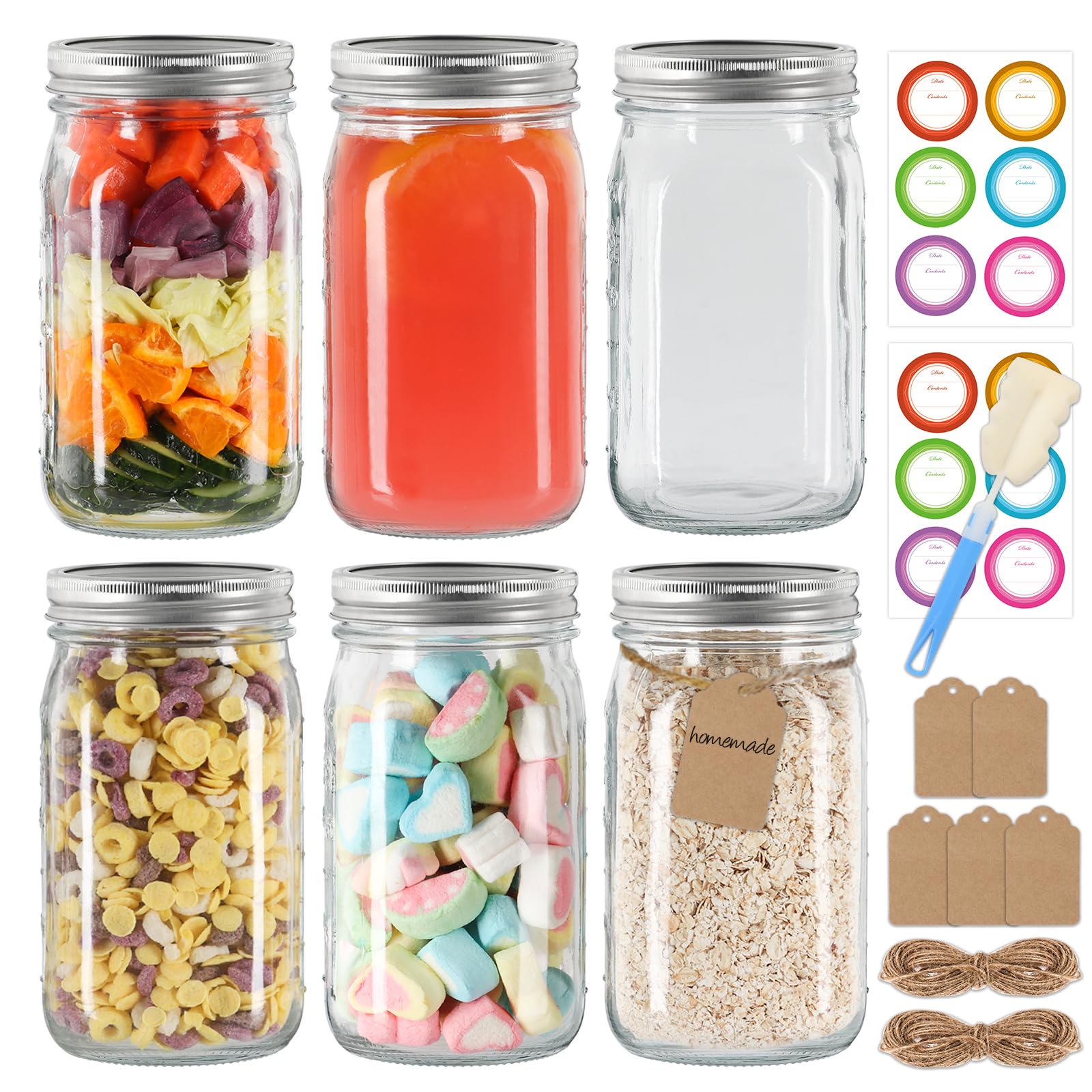 Lot de 6 bocaux Mason en verre de 950 ml avec couvercles et bandes argentés – Pour conserver les aliments en conserve, avoine pendant la nuit, mariner, fermenter, décorer