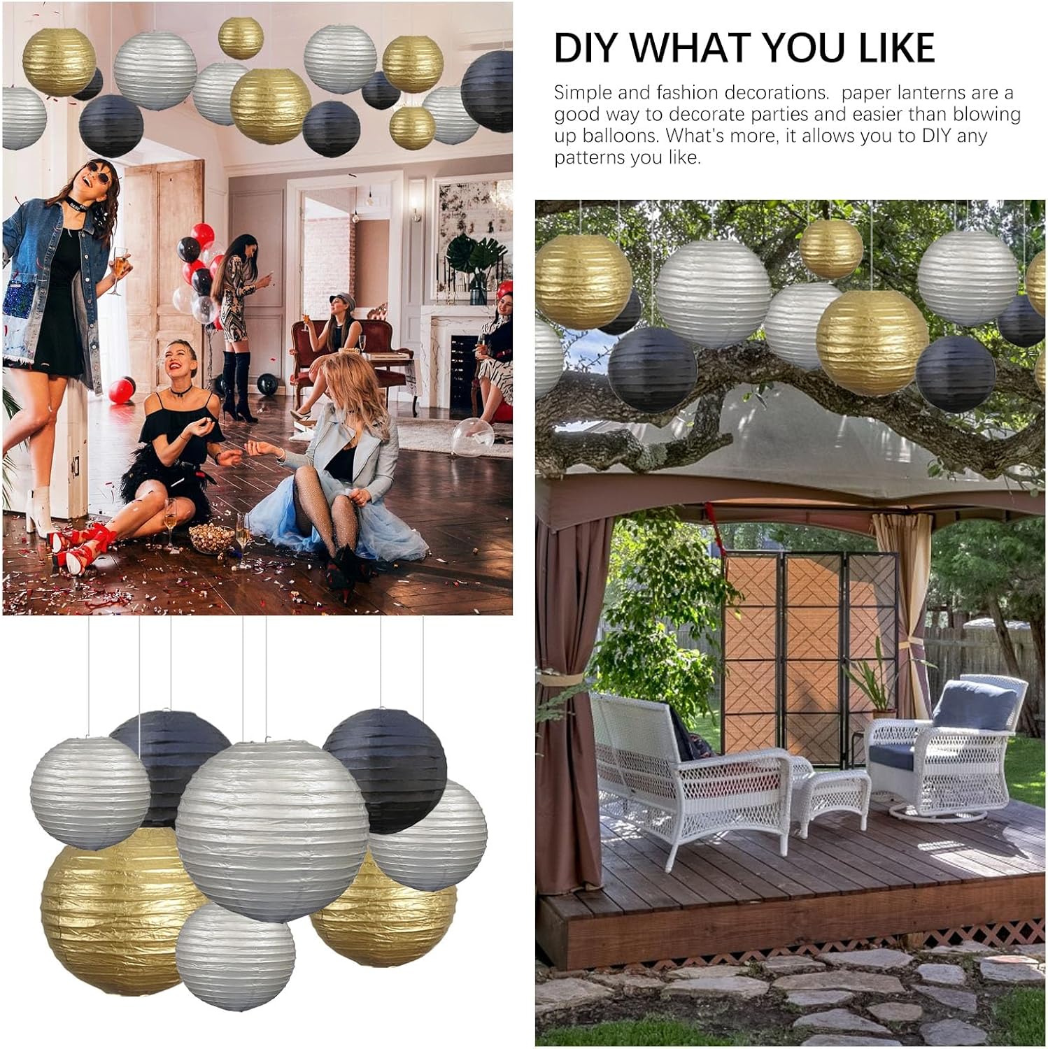 20Pcs Black Gold Silver Paper Lanterns for Parties, 6” 8” 10” 12” Chinese Asian Hanging Round Paper Lanterns for Birthday Wedding Graduation Home Decor Party Decor