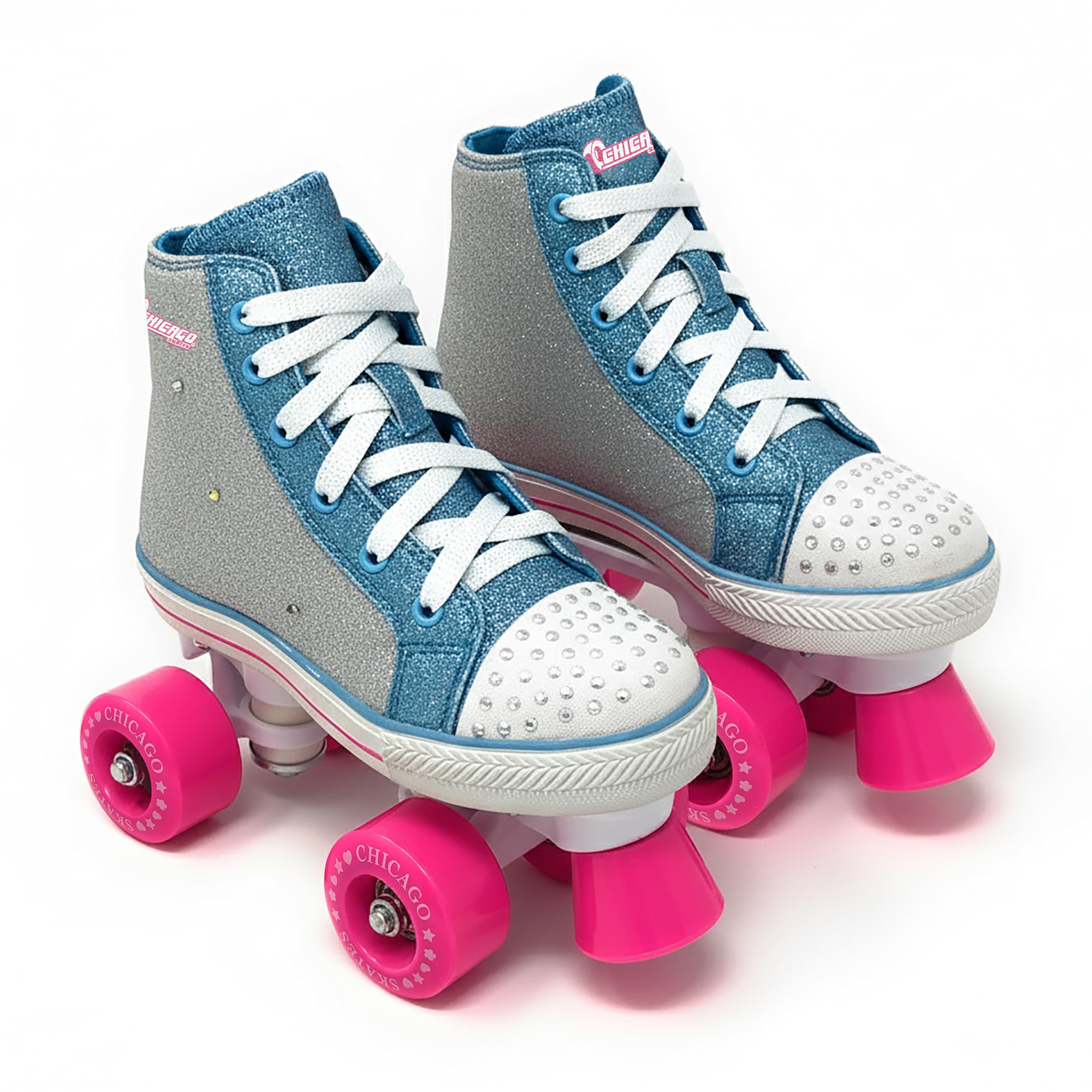 Chicago Fashion Light Up Quad Roller Skates for Girls – Durable Top Performance Indoor/Outdoor Use, Sparkle Silver & Teal High-Top Boot Safety, 54mm