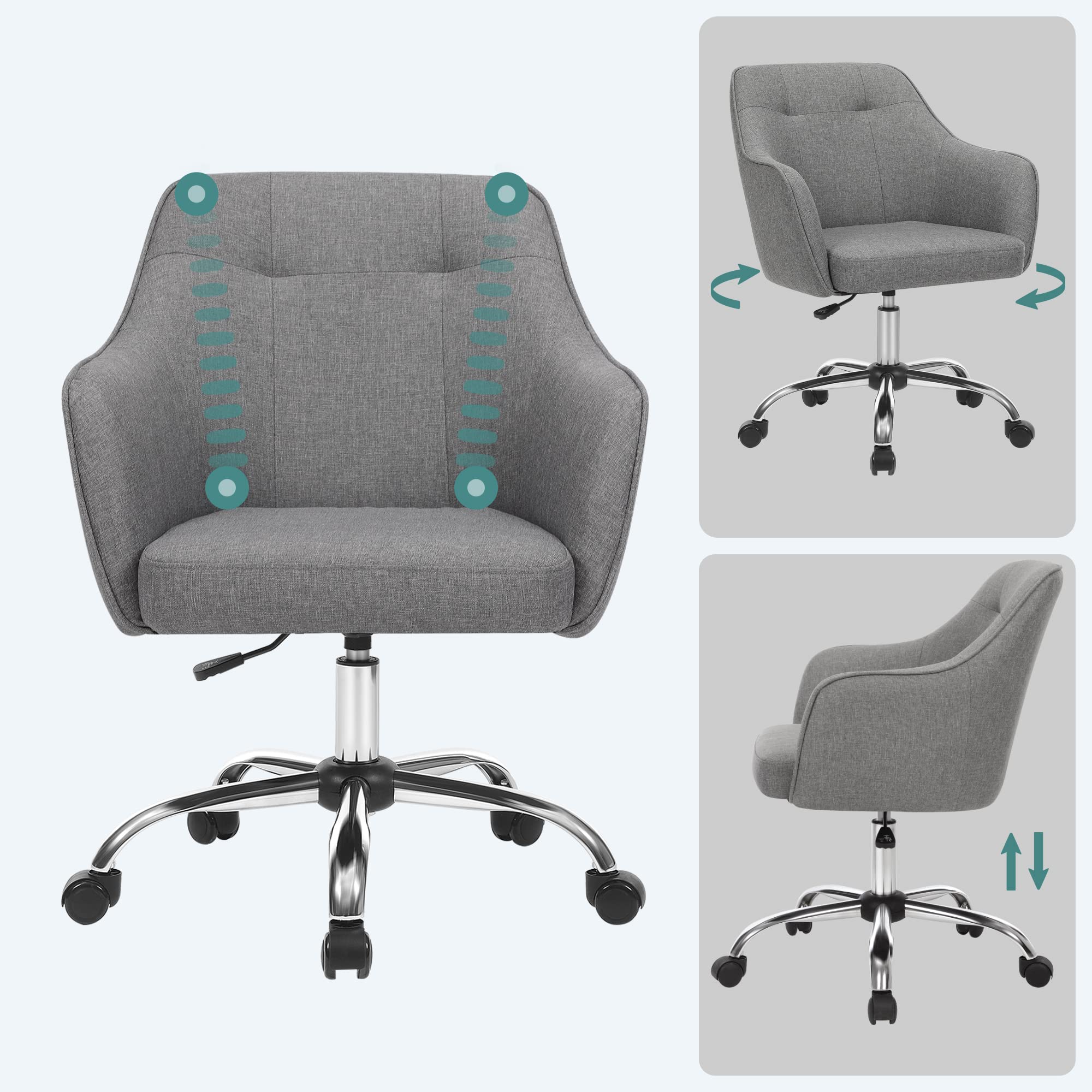 SONGMICS Juego de 2, Silla de Estudio, Silla Giratoria, Altura Ajustable, Carga de 110 kg, Marco de Acero, Tela de Algodón-Lino Transpirable, para Estudio, Dormitorio, Gris OBG919G01 | Ajustable en altura, con ruedas, capacidad 110 kg, para habitación, to