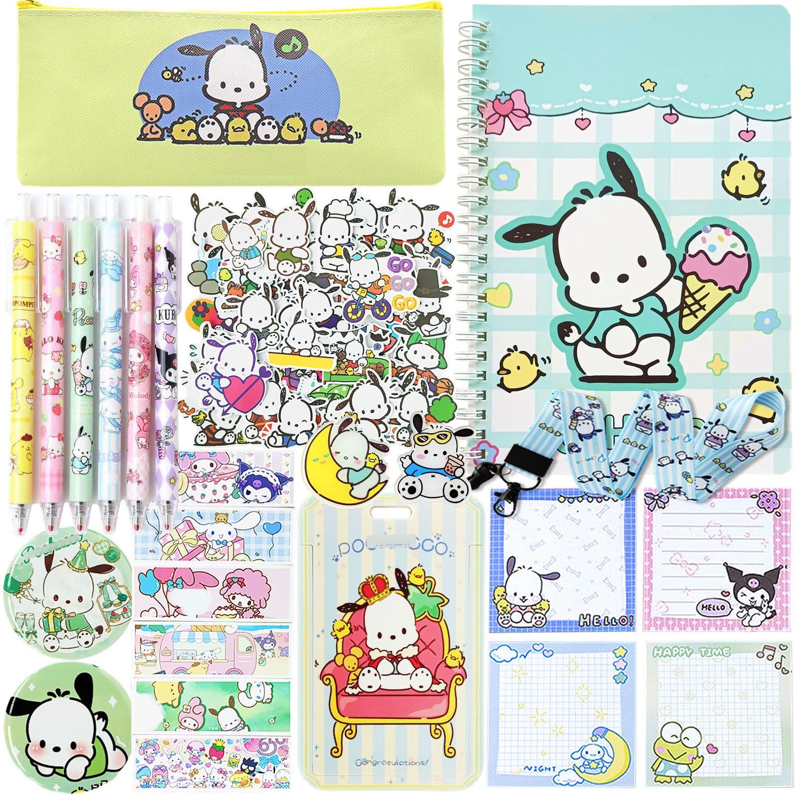 KoiswimKoiswim School Supplies Set, Back to School Gift, Cute Kawaii Stationery Including Gel Pens Journal Notebook Pencil Cse Stickers Pins Badge Lanyard Sticky Note Bookmark (P)