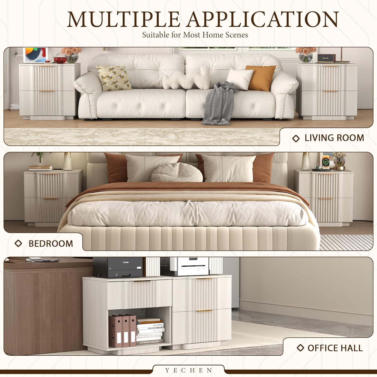 XIAO WEI Nightstand with 20W Fast Charging Station, Fluted Bedside Table with Drawers Set of 2, 21.7" Wide End Table with Storage,Night Stand for Bedroom, White