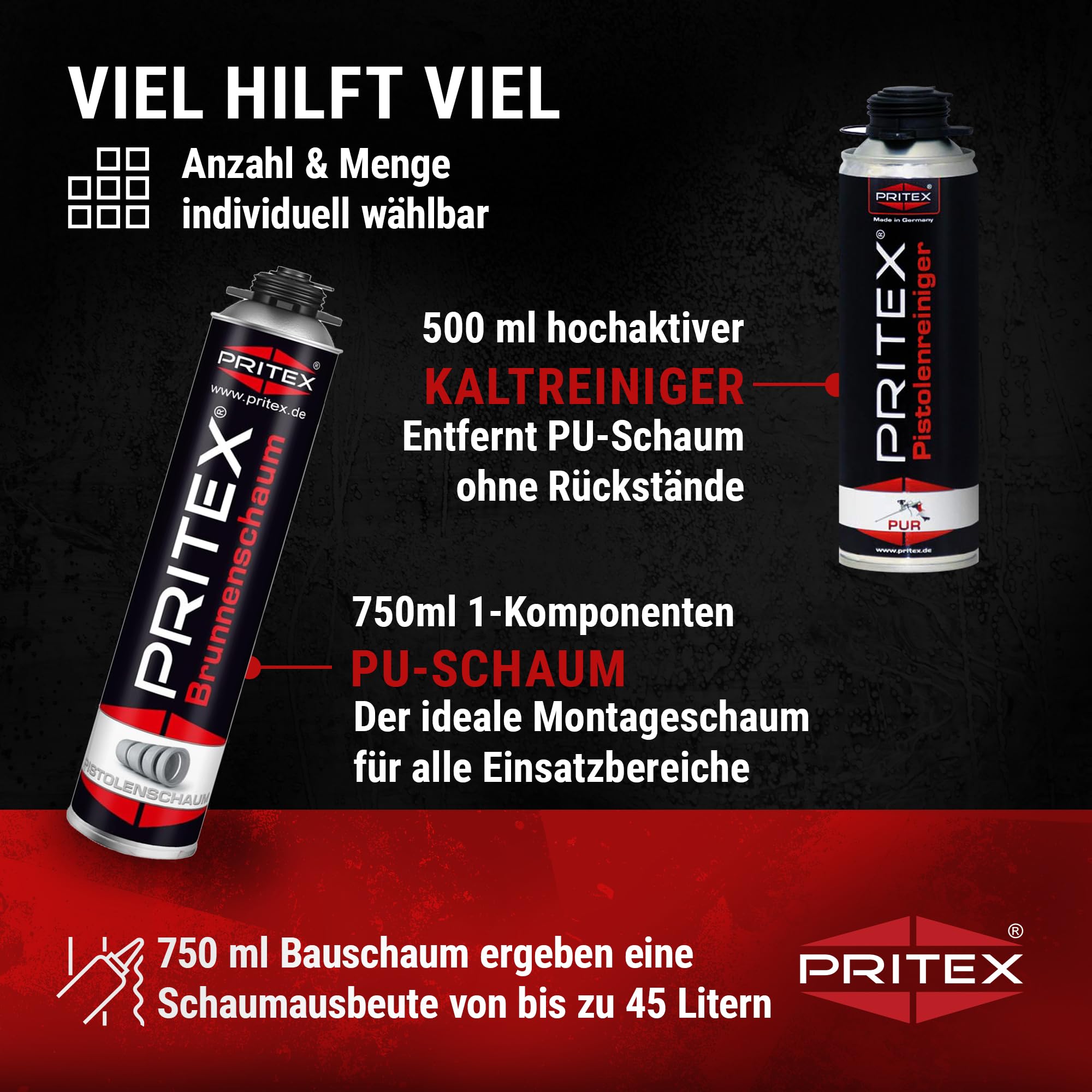 PRITEX – Brunnenschaum Set 3 x 750 ml Pistolenschaum inkl. Pistolenreiniger 500 ml Schaumpistole – Bauschaum zur Montage von Brunnenschachtringen & Rohrelementen