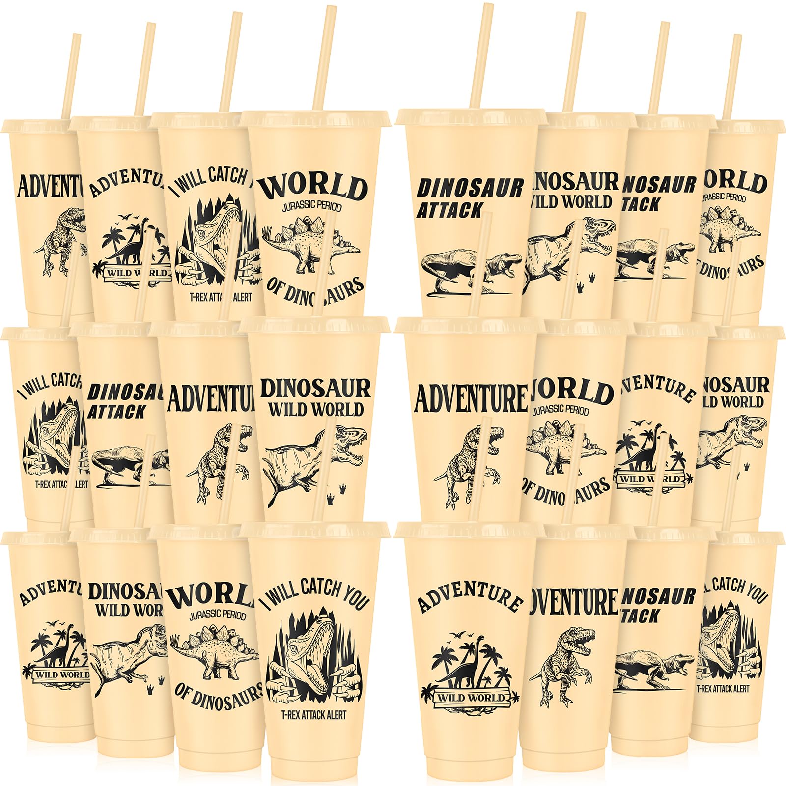 MSYU 24 Pcs Reusable Plastic Tumbler 710 ml Plastic Cups with Lid and Straw Party Favors Water Bottle Coffee Mug for Party Supplies Birthday Themed Favor Classroom Exchange Gifts - Khaki Dinosaur โ image 1
