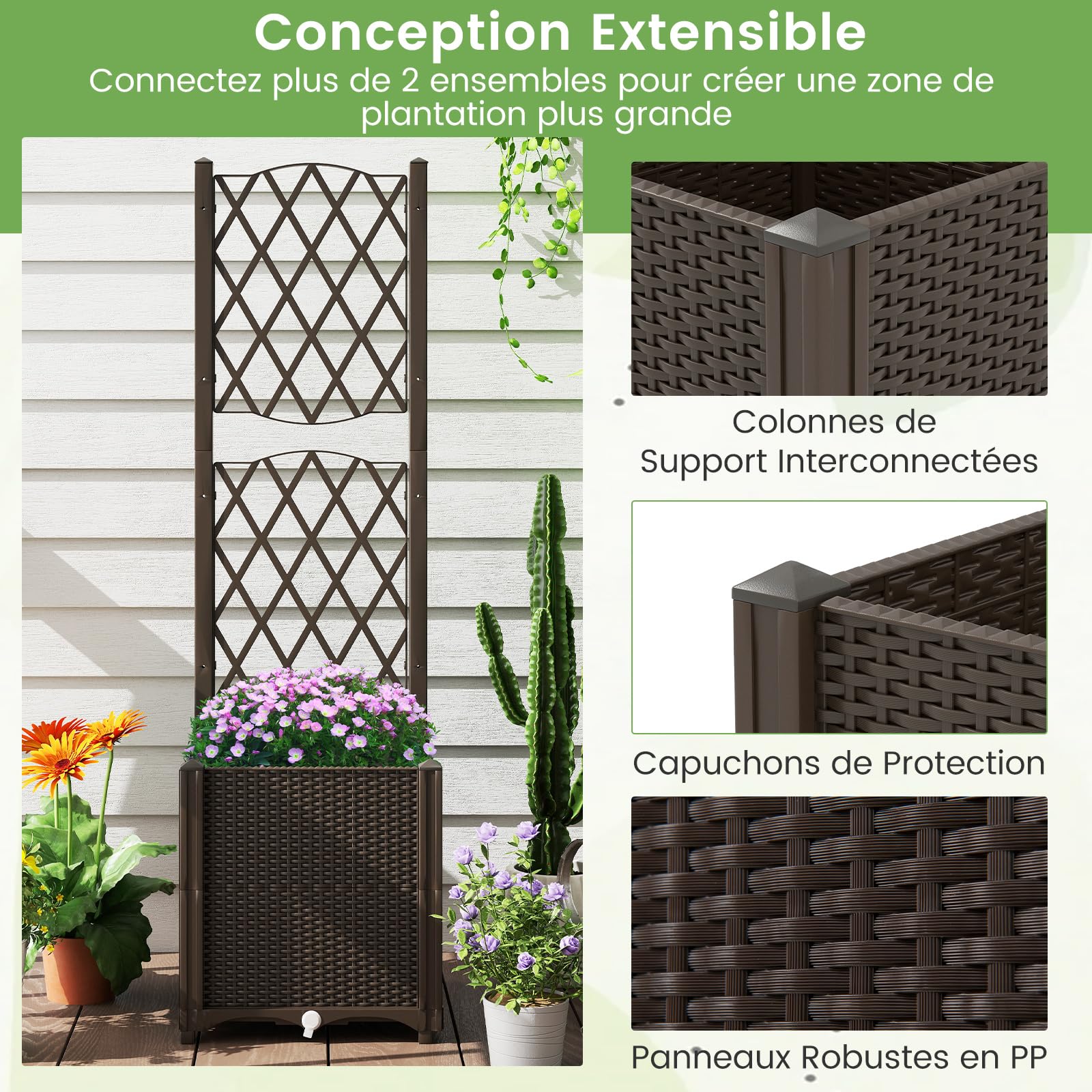 COSTWAY Jardinière avec Treillis sur Pied, Bac de Plantation Auto-arrosage en Rotin PP avec Trou de Drainage, Lit de Jardin pour Plantes Grimpantes, Légumes, Fleurs, Café, 40 x 40 x 140 cm