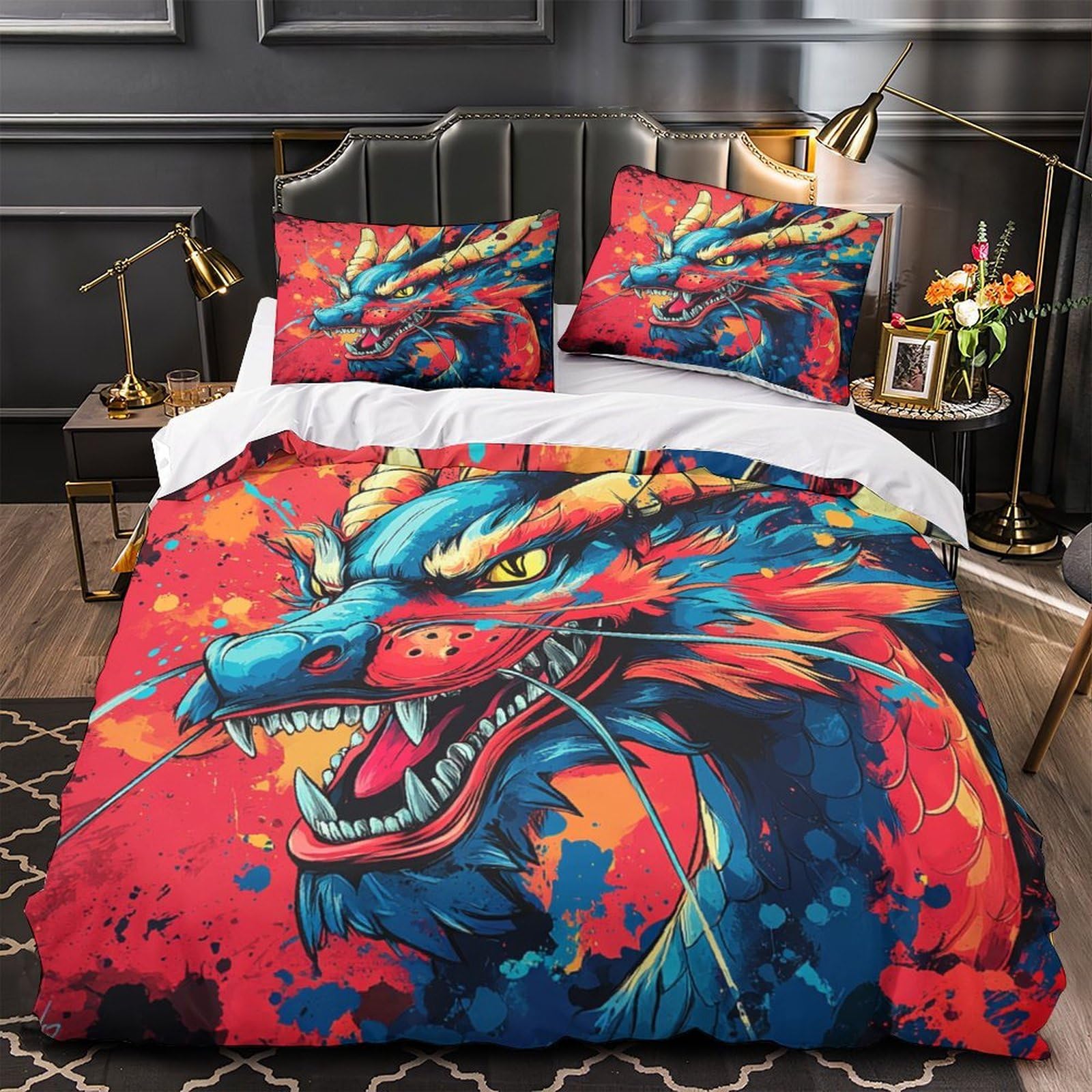Housse de couette dragon 3d microfibre parure de lit 140x200 avec 2 taies